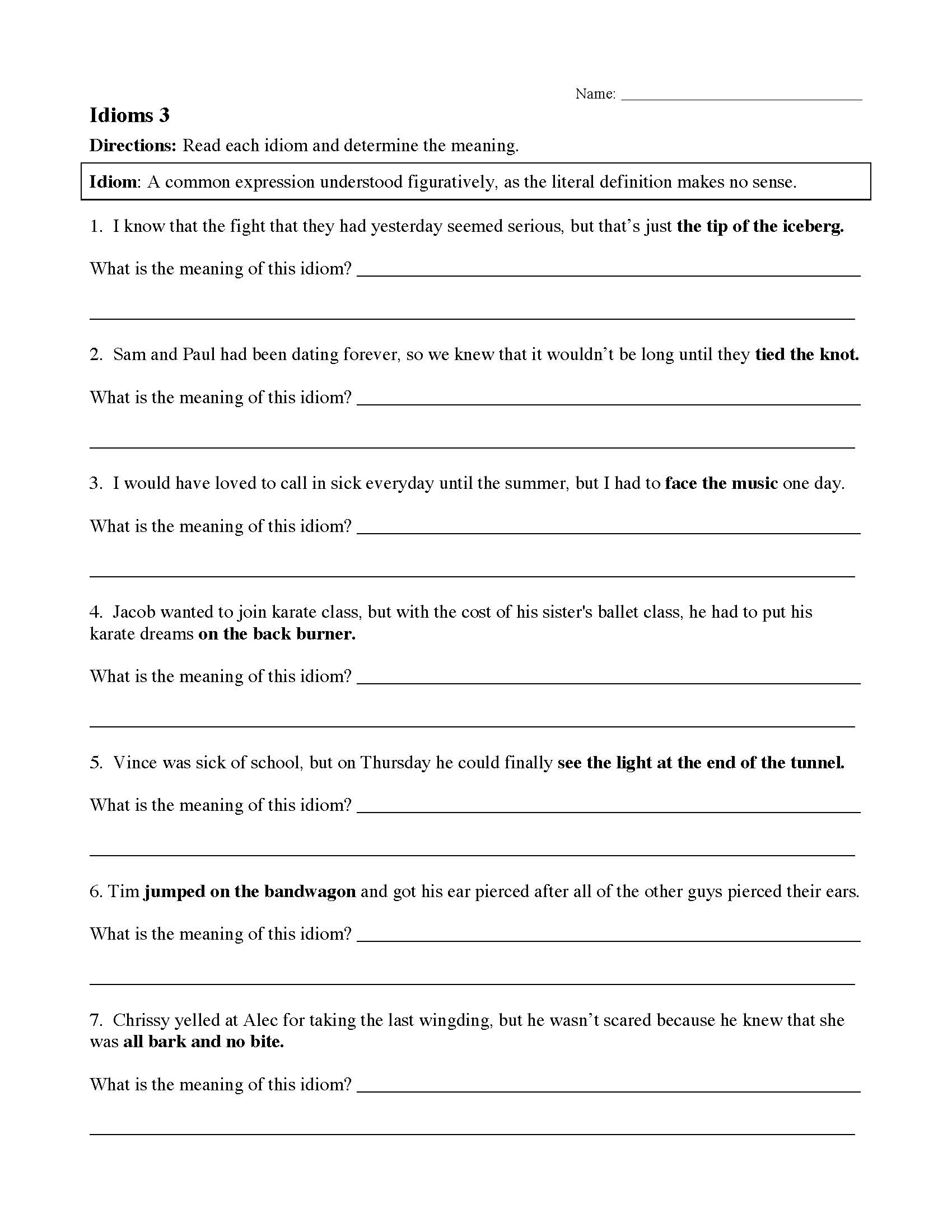 This is a preview image of Idiom Worksheet 3. Click on it to enlarge it or view the source file.