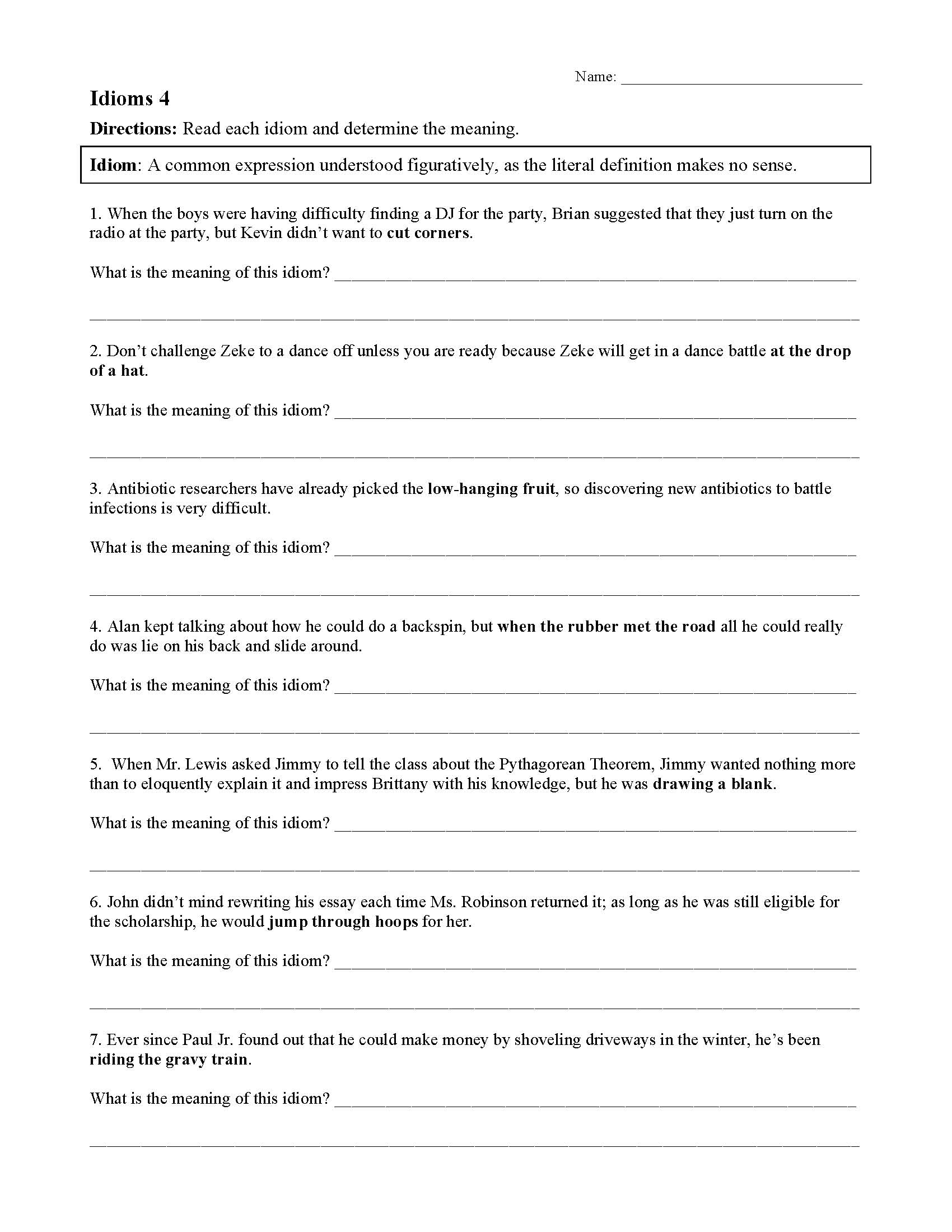 This is a preview image of Idiom Worksheet 4. Click on it to enlarge it or view the source file.
