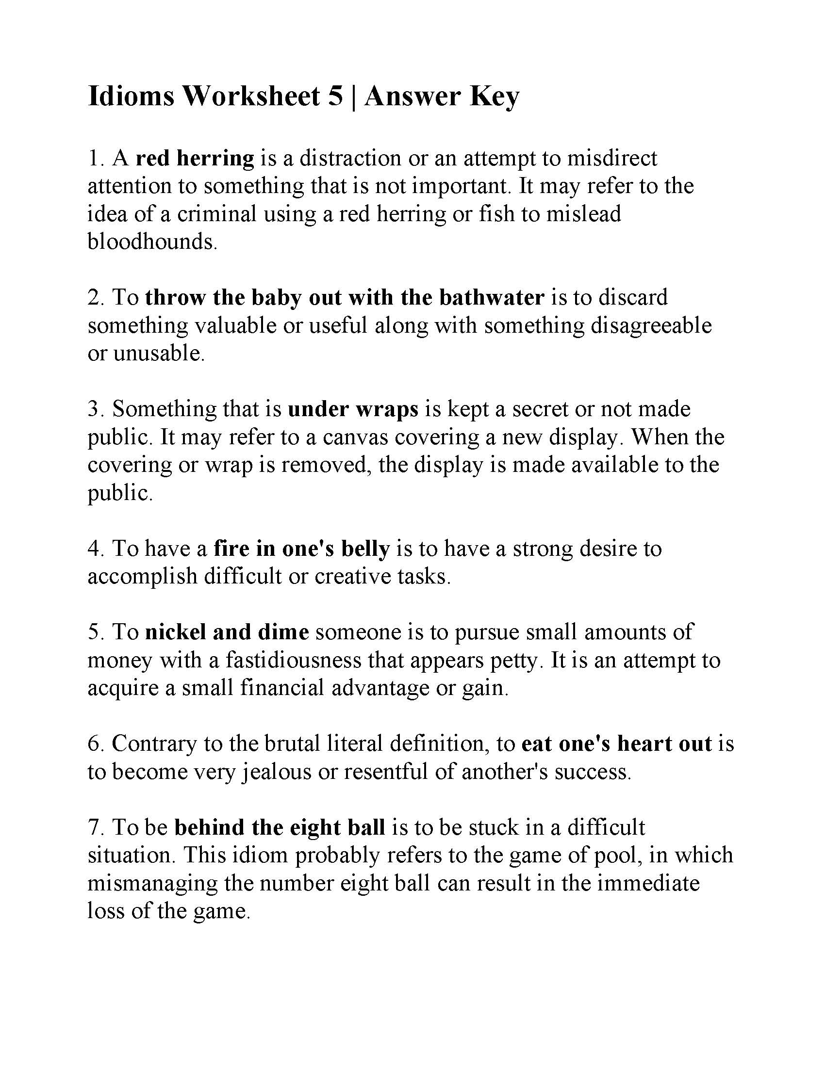 This is a preview image of Idiom Worksheet 5. Click on it to enlarge it or view the source file.