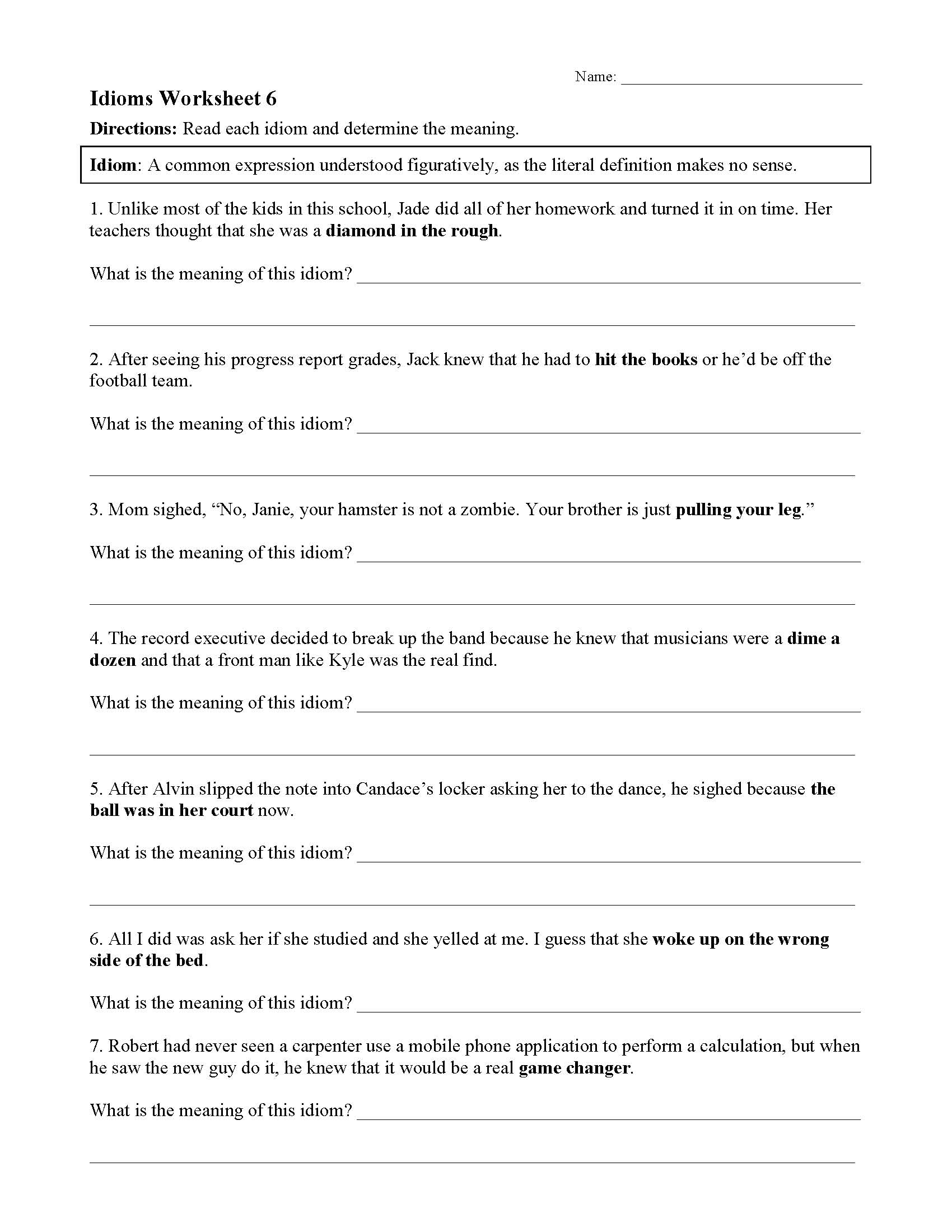 This is a preview image of Idiom Worksheet 6. Click on it to enlarge it or view the source file.