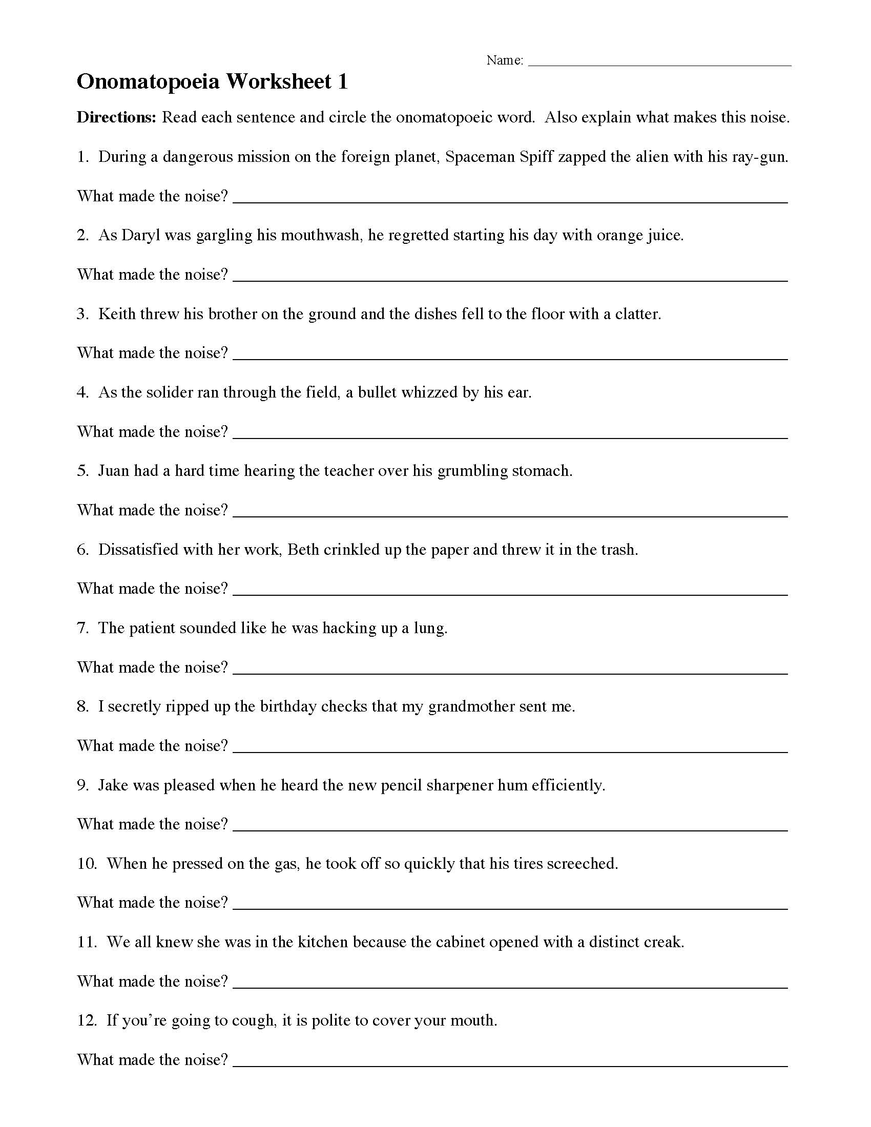 This is a preview image of Onomatopoeia Worksheet 1. Click on it to enlarge it or view the source file.