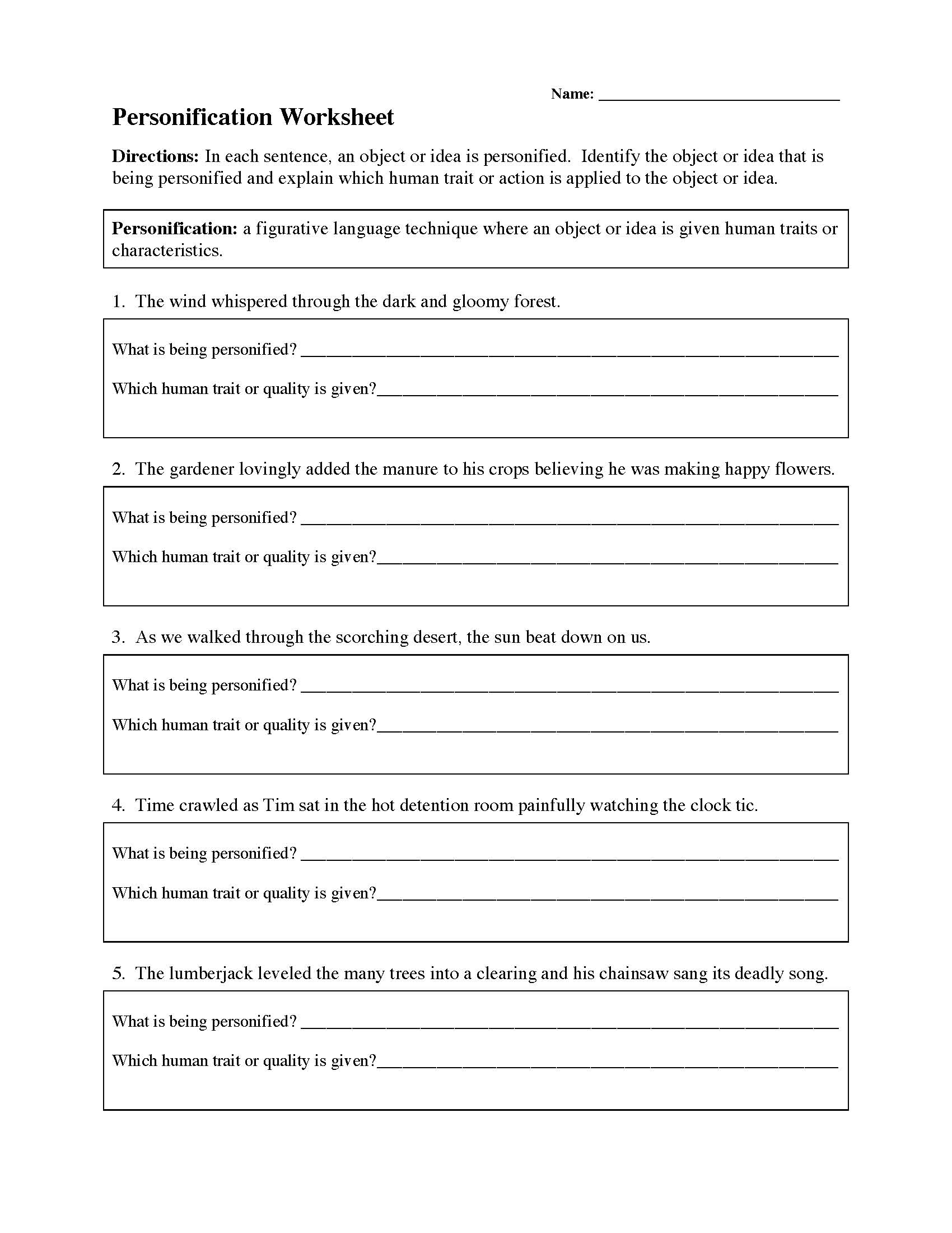 This is a preview image of Personification Worksheet 1. Click on it to enlarge it or view the source file.
