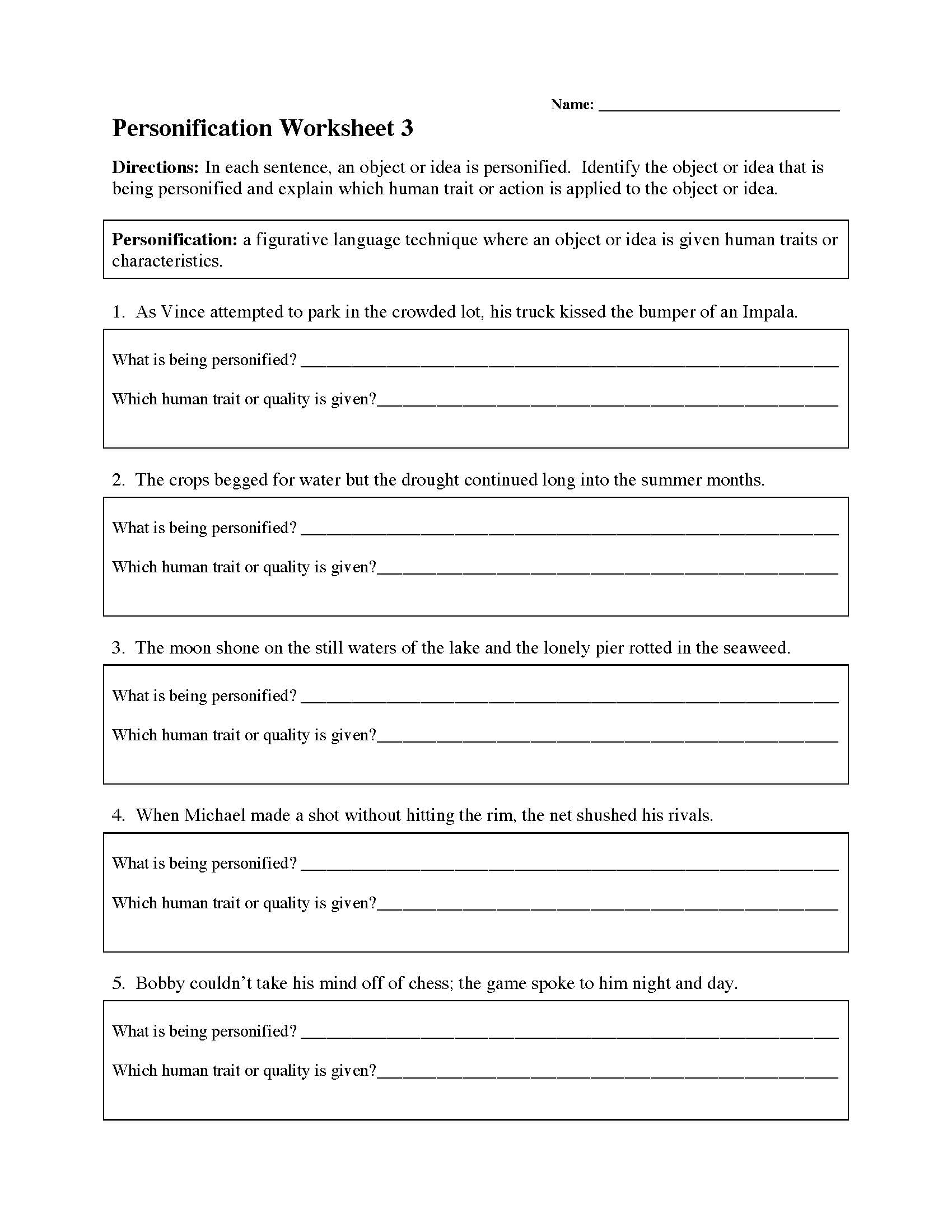 This is a preview image of Personification Worksheet 3. Click on it to enlarge it or view the source file.