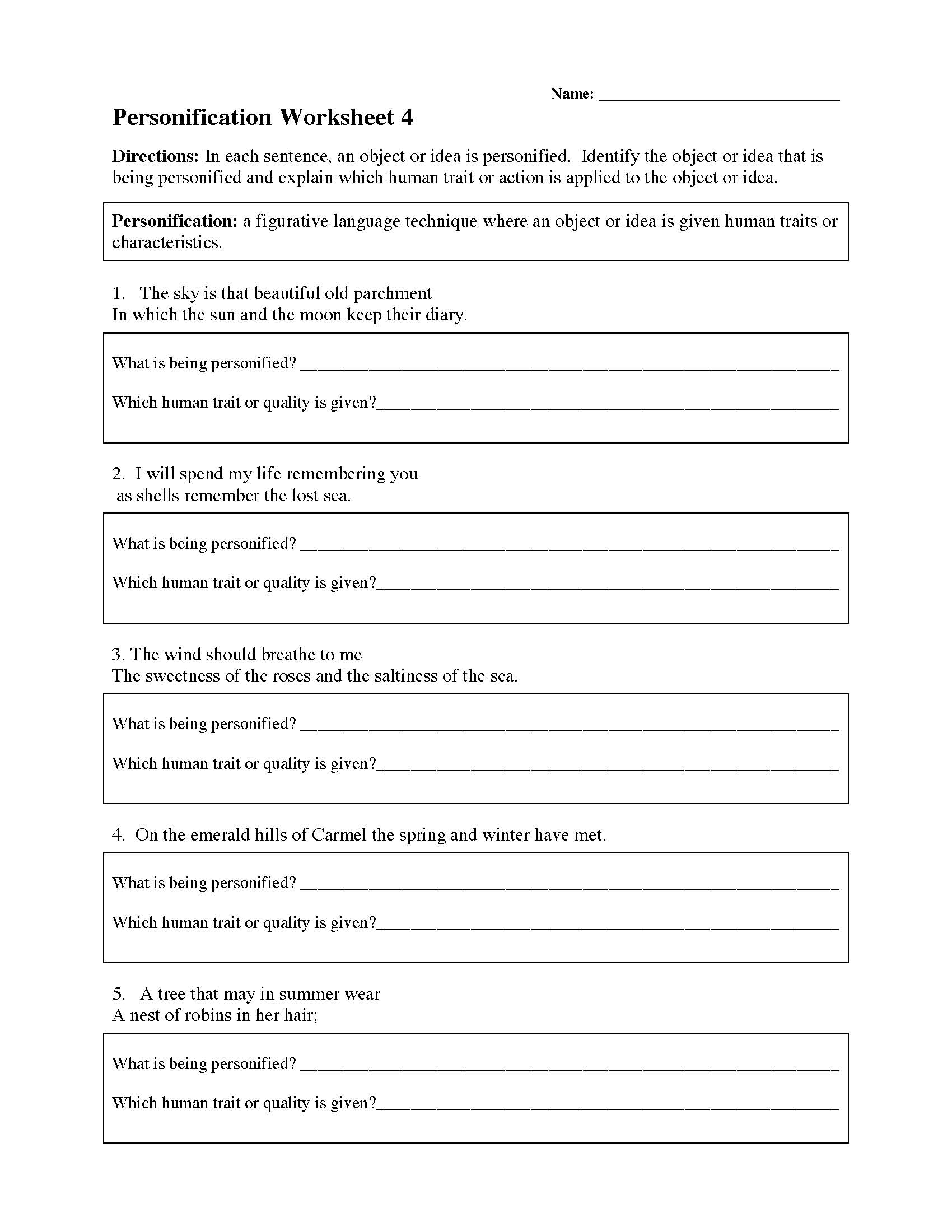 This is a preview image of Personification Worksheet 4. Click on it to enlarge it or view the source file.