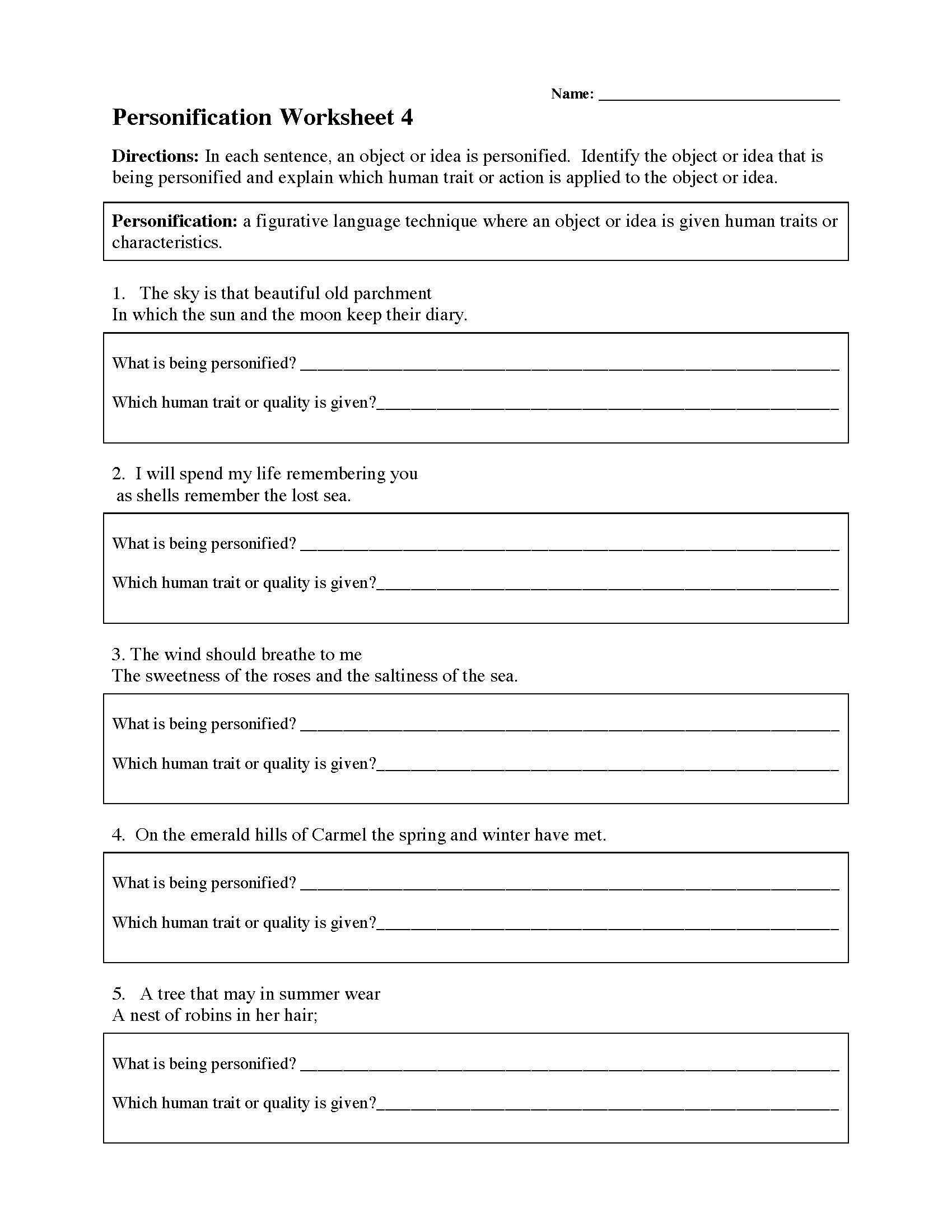 Personification Worksheets Figurative Language Activities