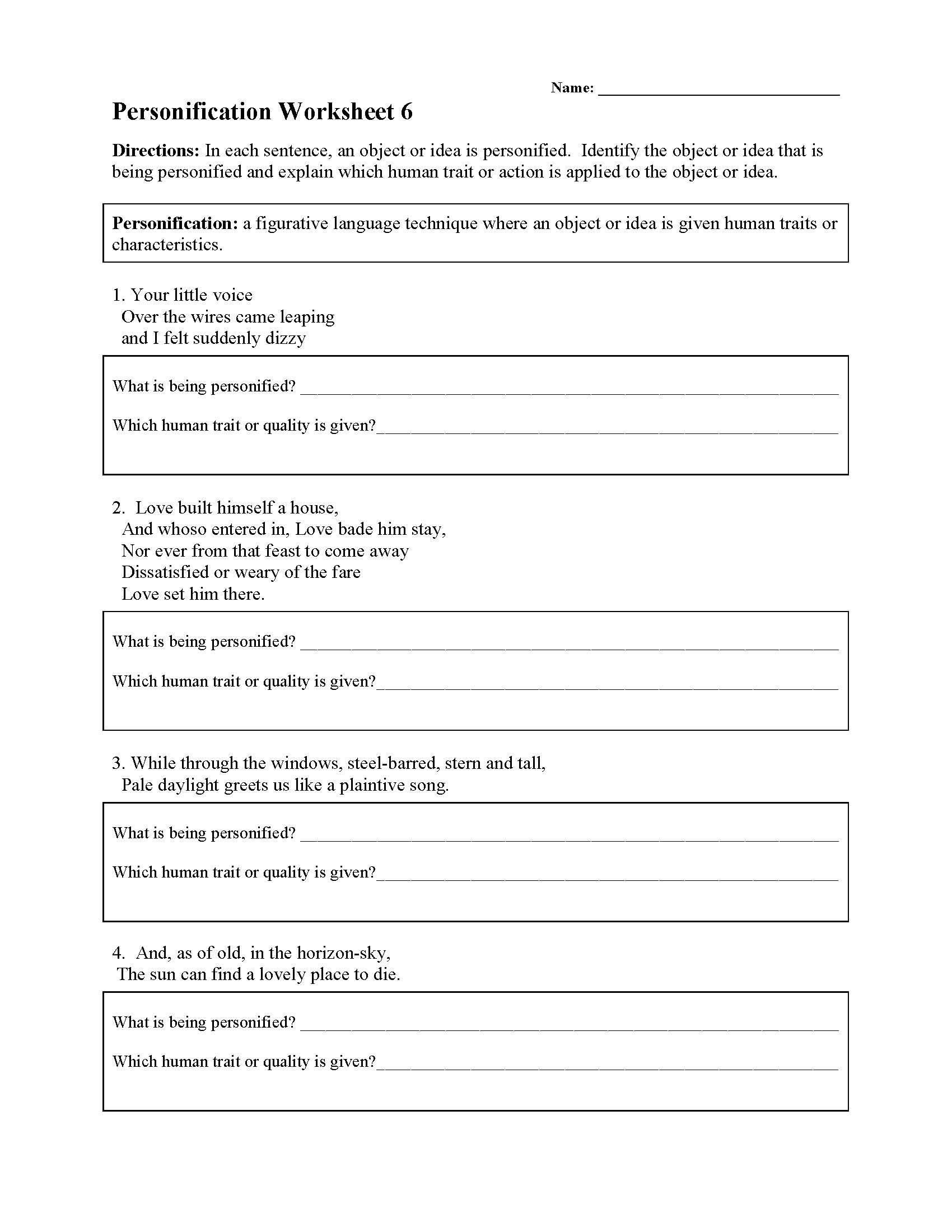 This is a preview image of Personification Worksheet 6. Click on it to enlarge it or view the source file.