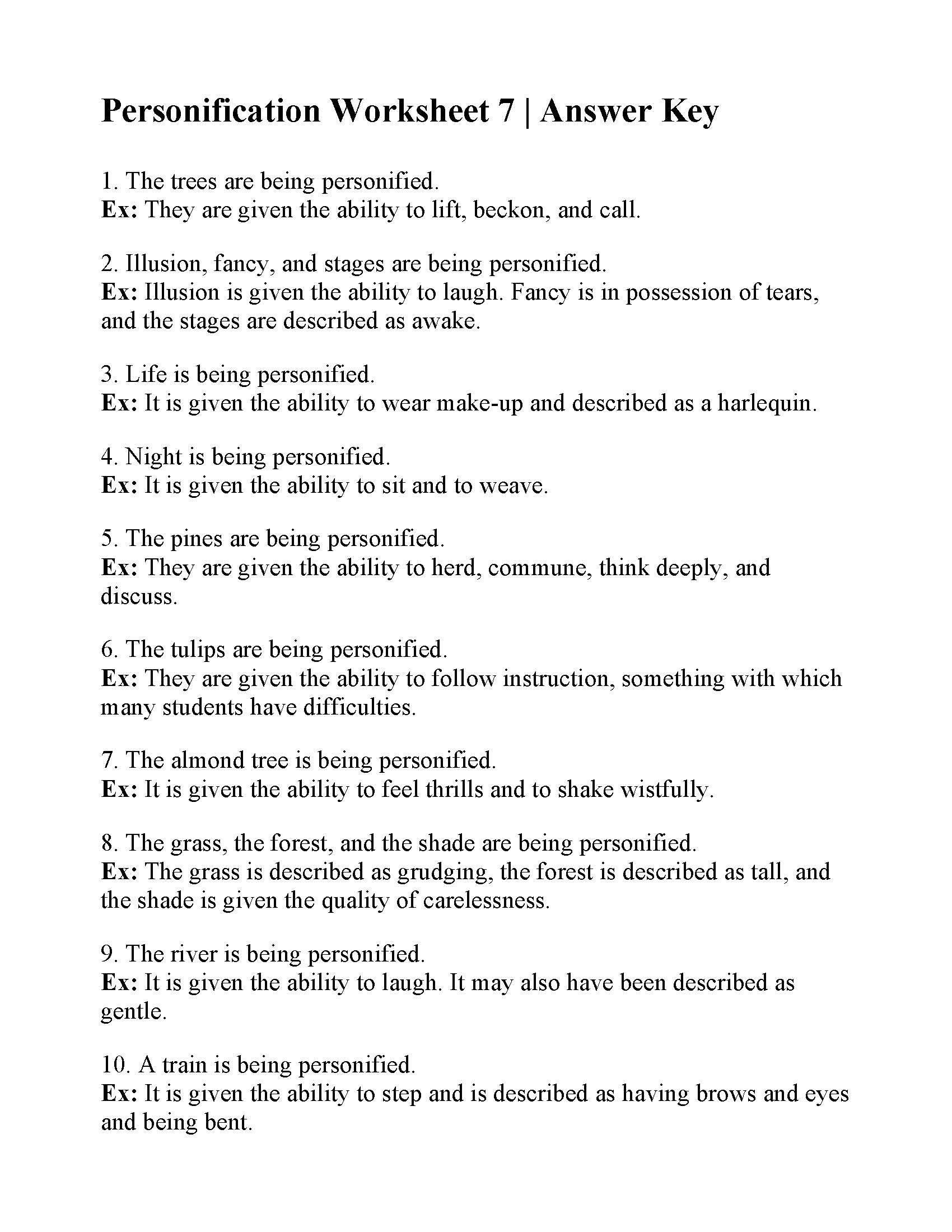 Personification Worksheet 7 Answers