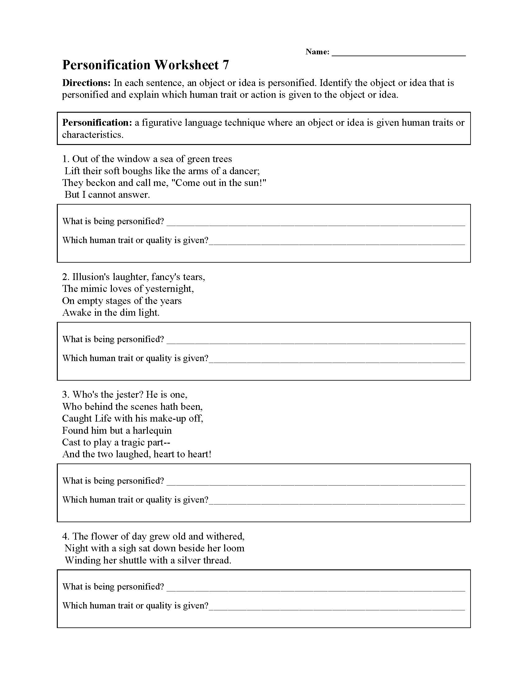 This is a preview image of Personification Worksheet 7. Click on it to enlarge it or view the source file.