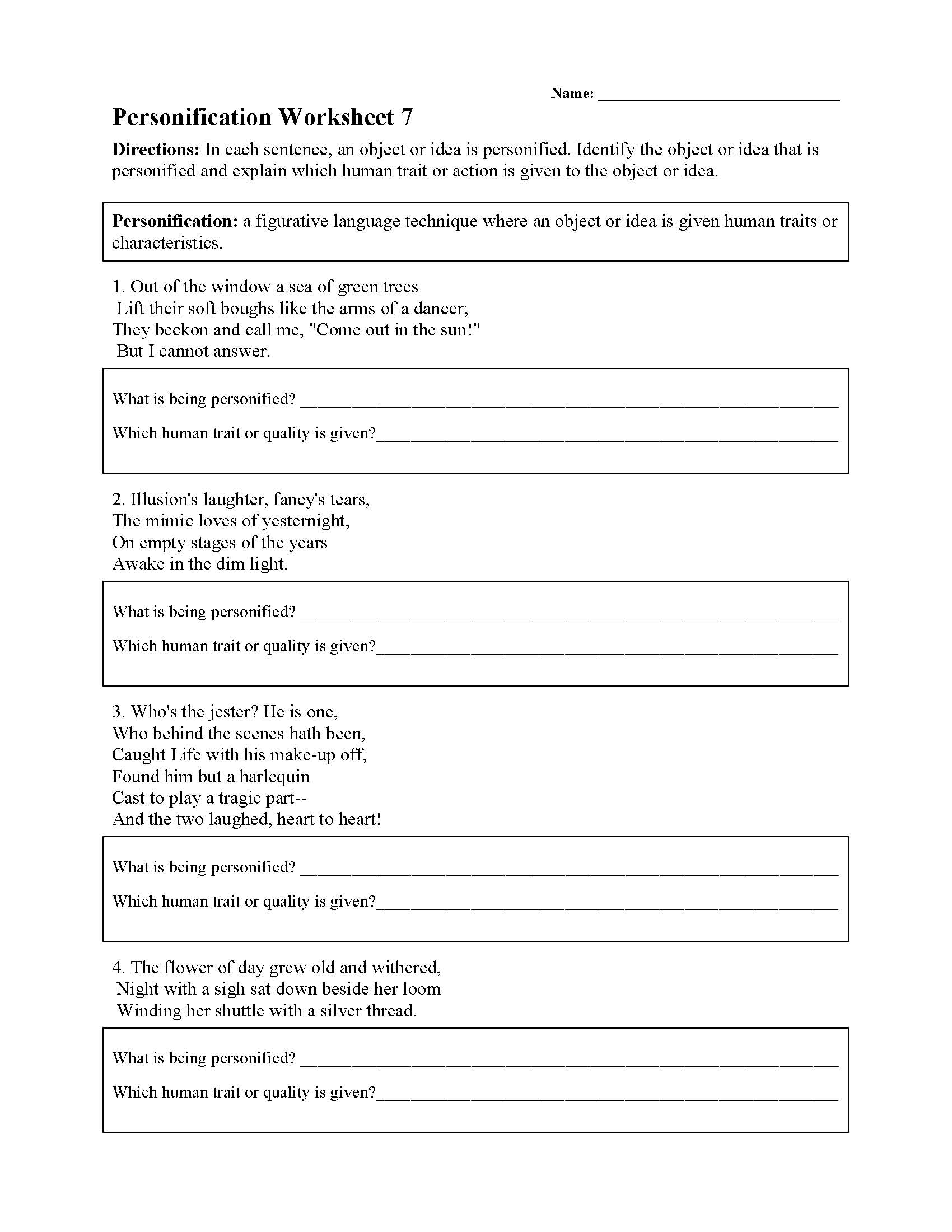 Personification Worksheet 7 Figurative Language Activity