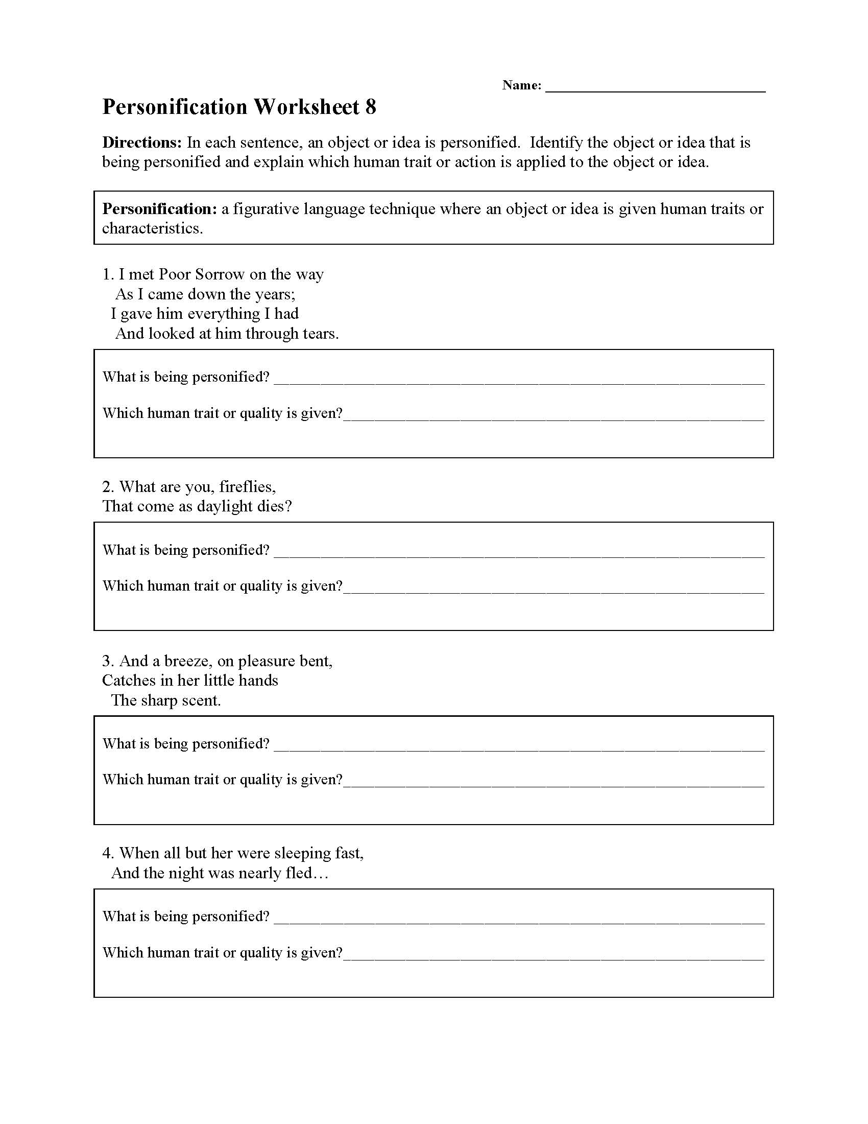 This is a preview image of Personification Worksheet 8. Click on it to enlarge it or view the source file.