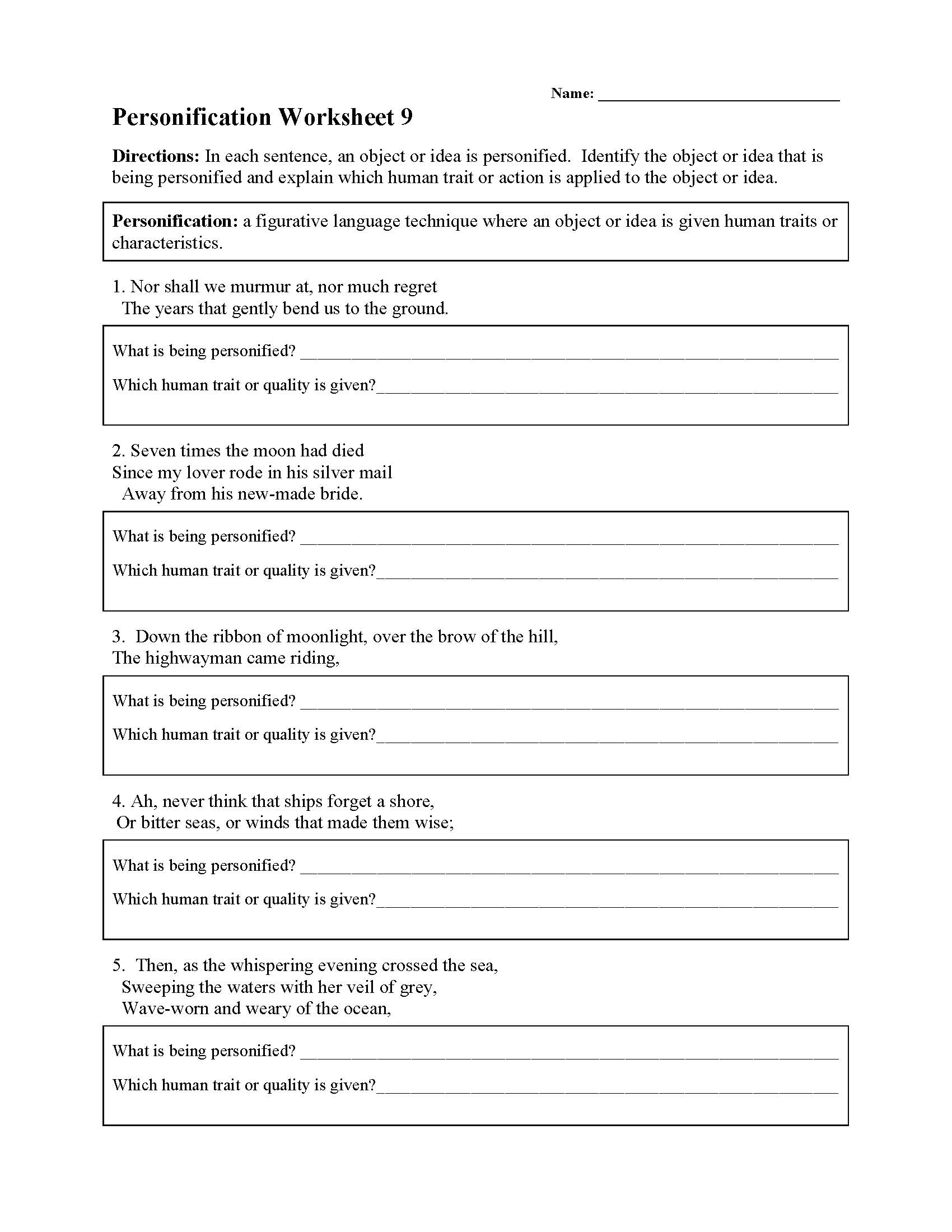 This is a preview image of Personification Worksheet 9. Click on it to enlarge it or view the source file.
