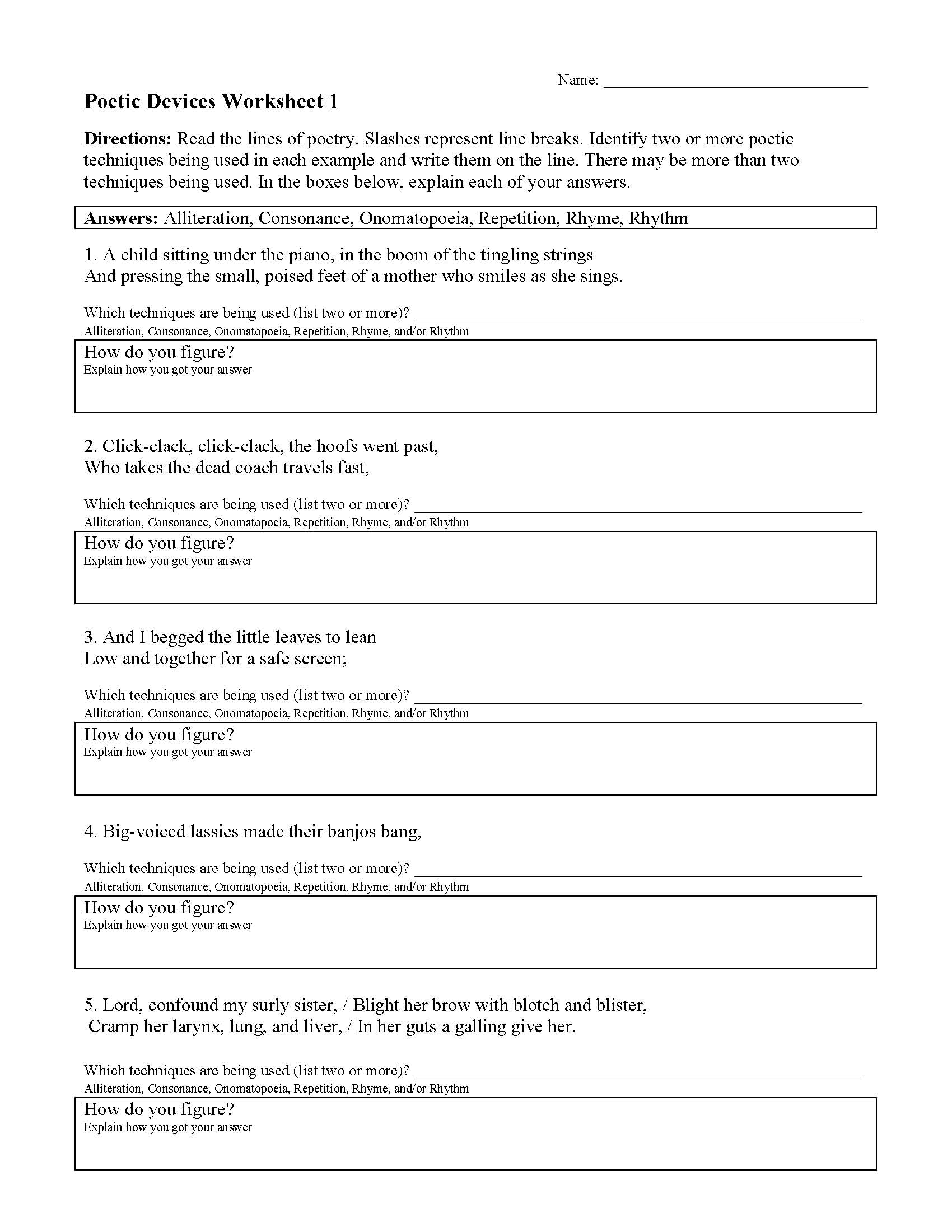 Poetic Devices Worksheet 20  Reading Activity In Sound Devices In Poetry Worksheet
