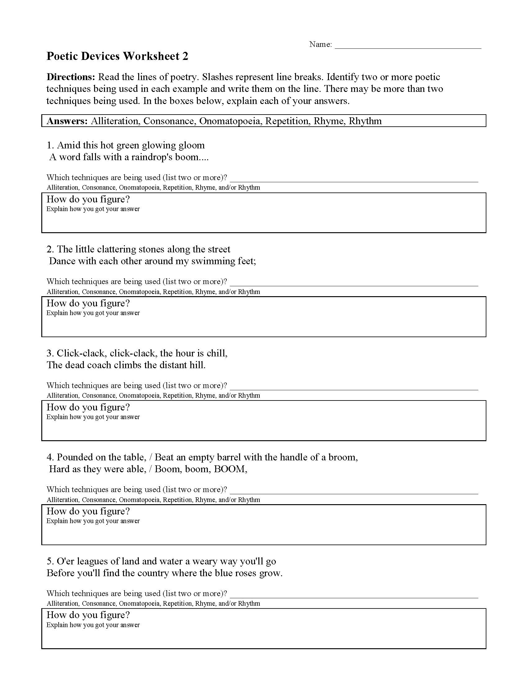 Poetic Devices Worksheet 20  Reading Activity Within Sound Devices In Poetry Worksheet