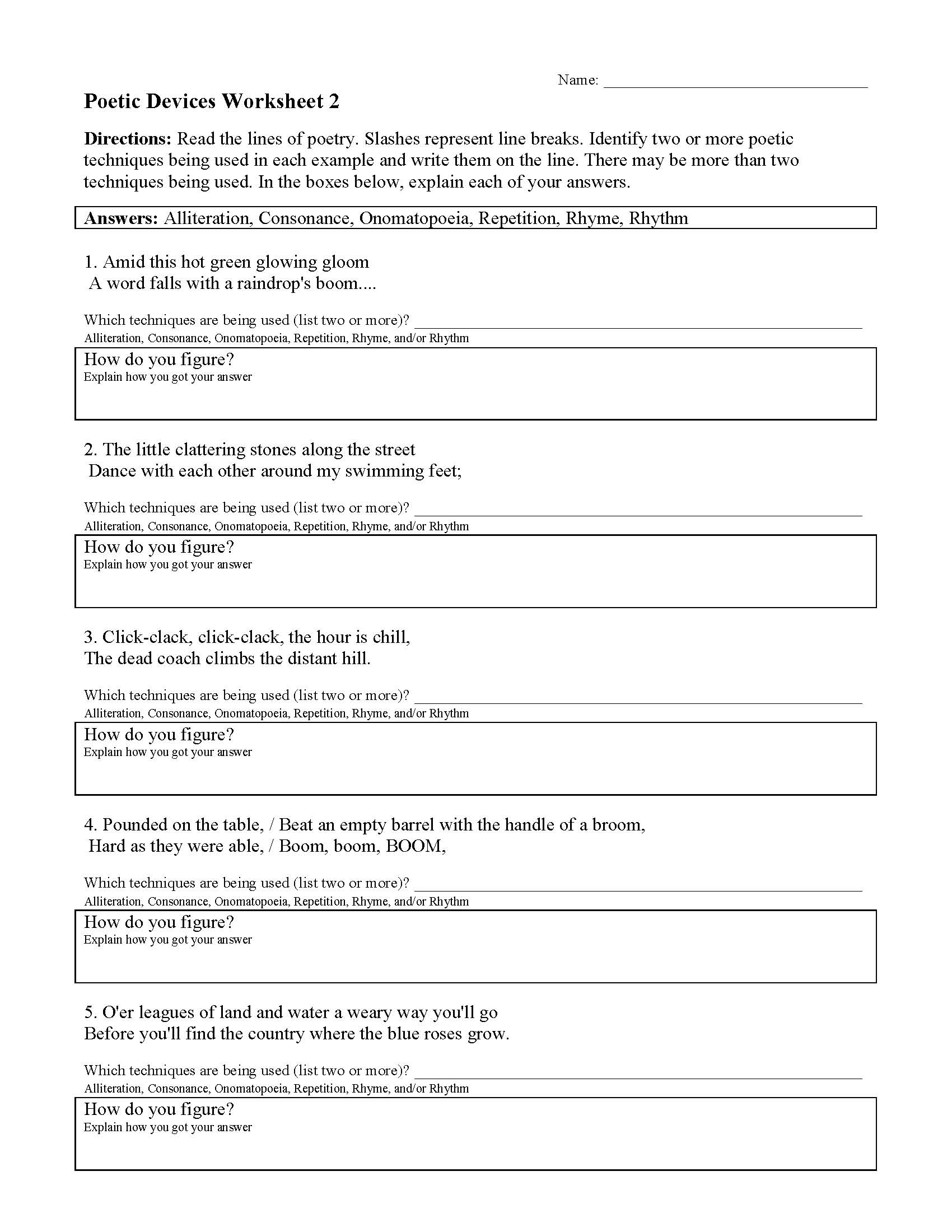 Poetic Devices Worksheet 2 Answer Key