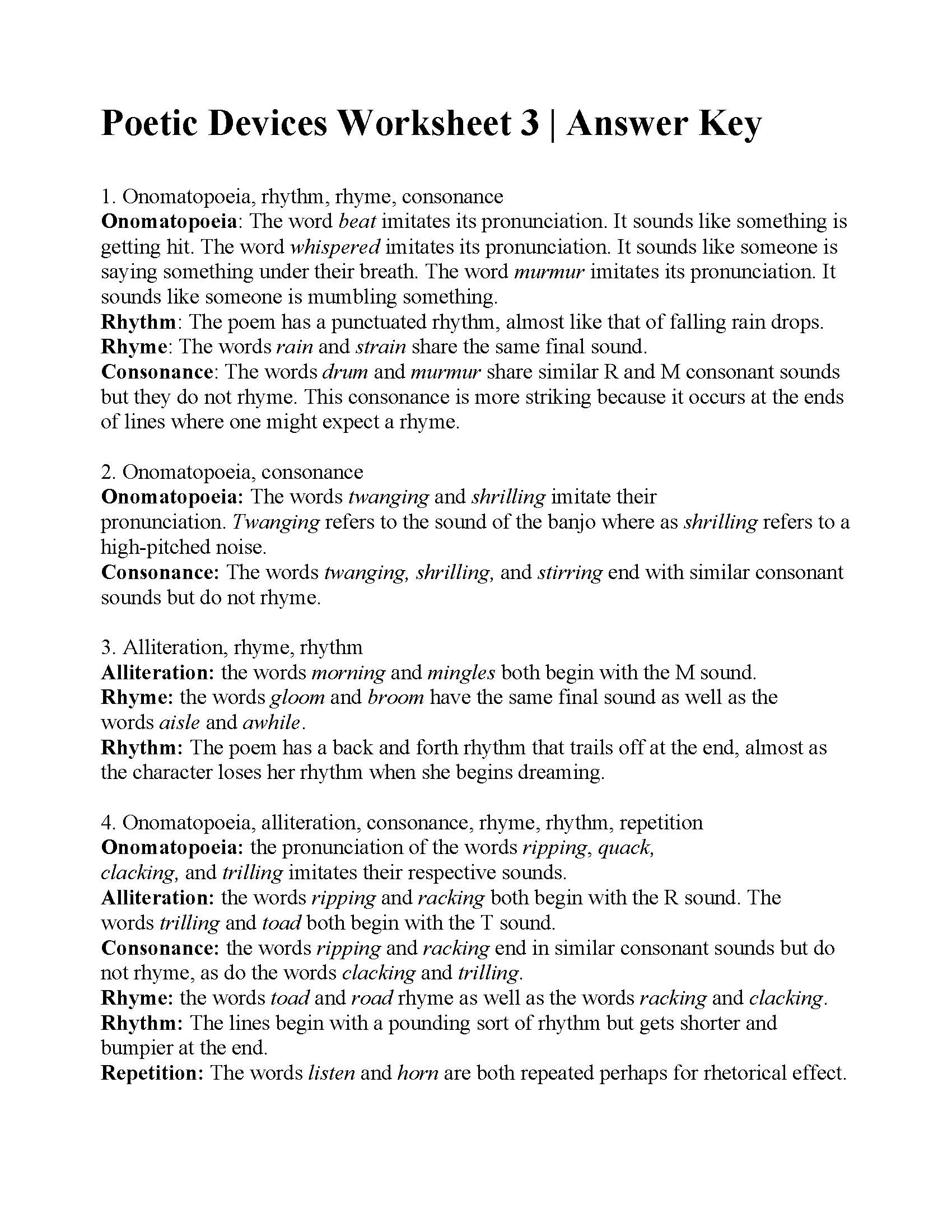 Literary Devices Worksheet With Answers Pdf