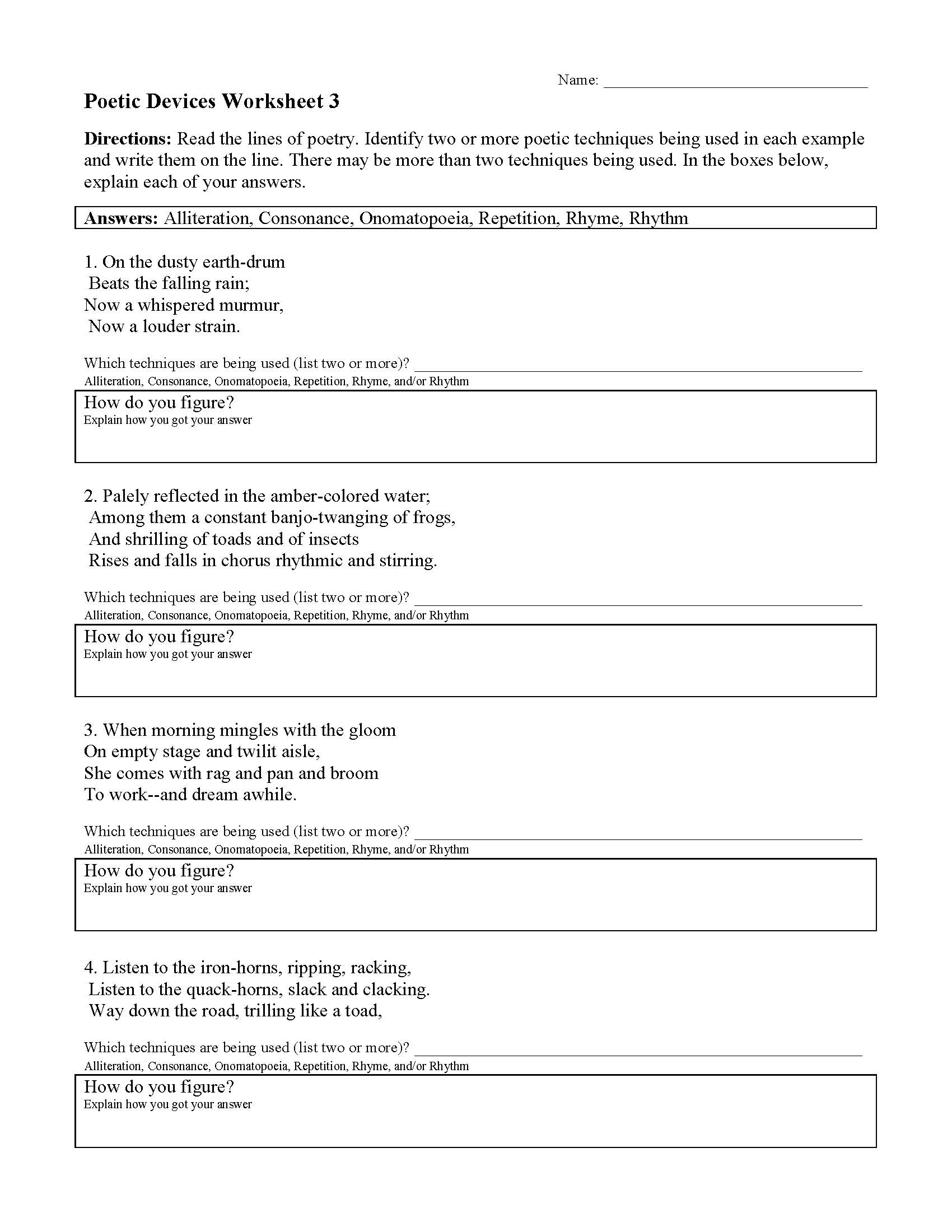 Poetic Devices Worksheet 10  Reading Activity In Sound Devices In Poetry Worksheet