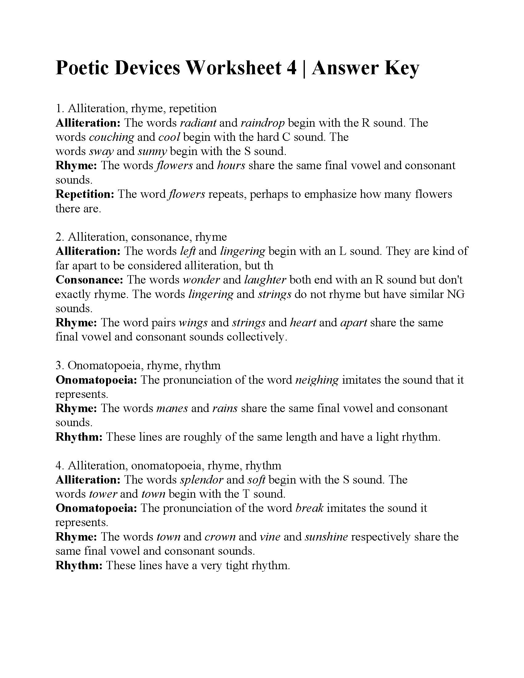 Poetic Devices Worksheet 4 Answers