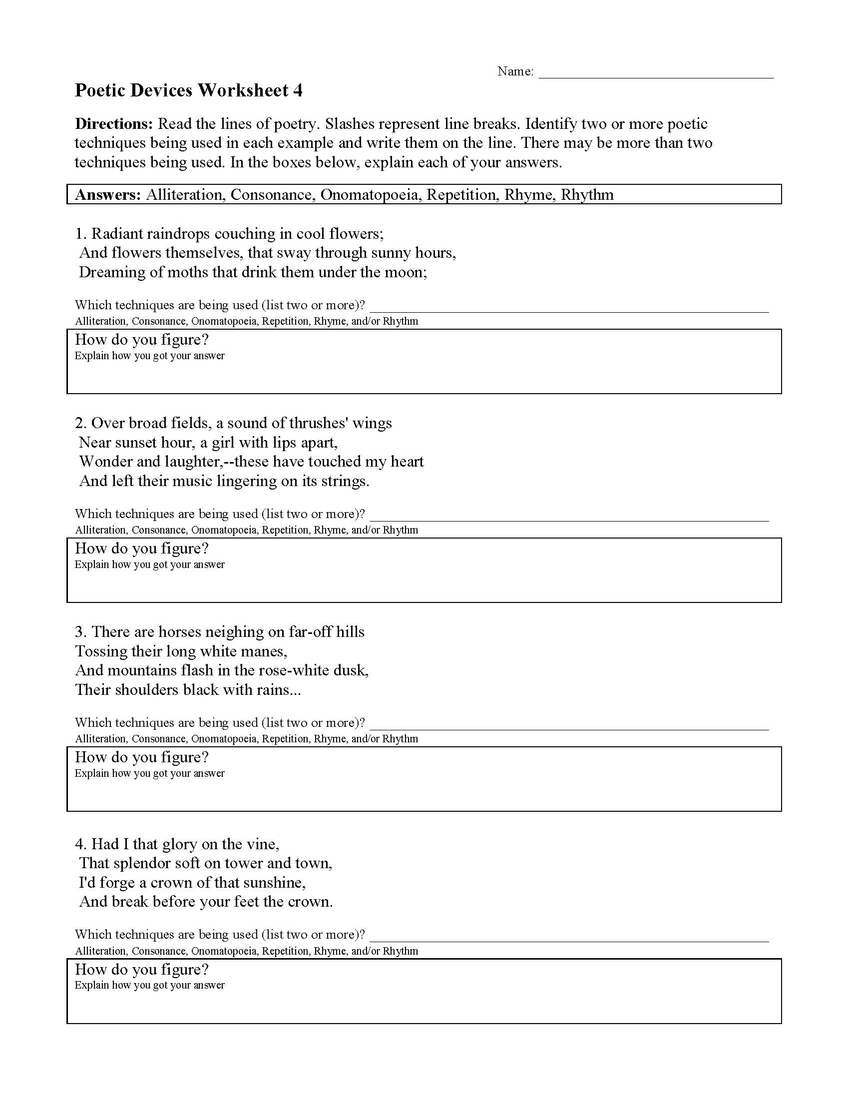 Poetic Devices Worksheet 22  Reading Activity For Sound Devices In Poetry Worksheet