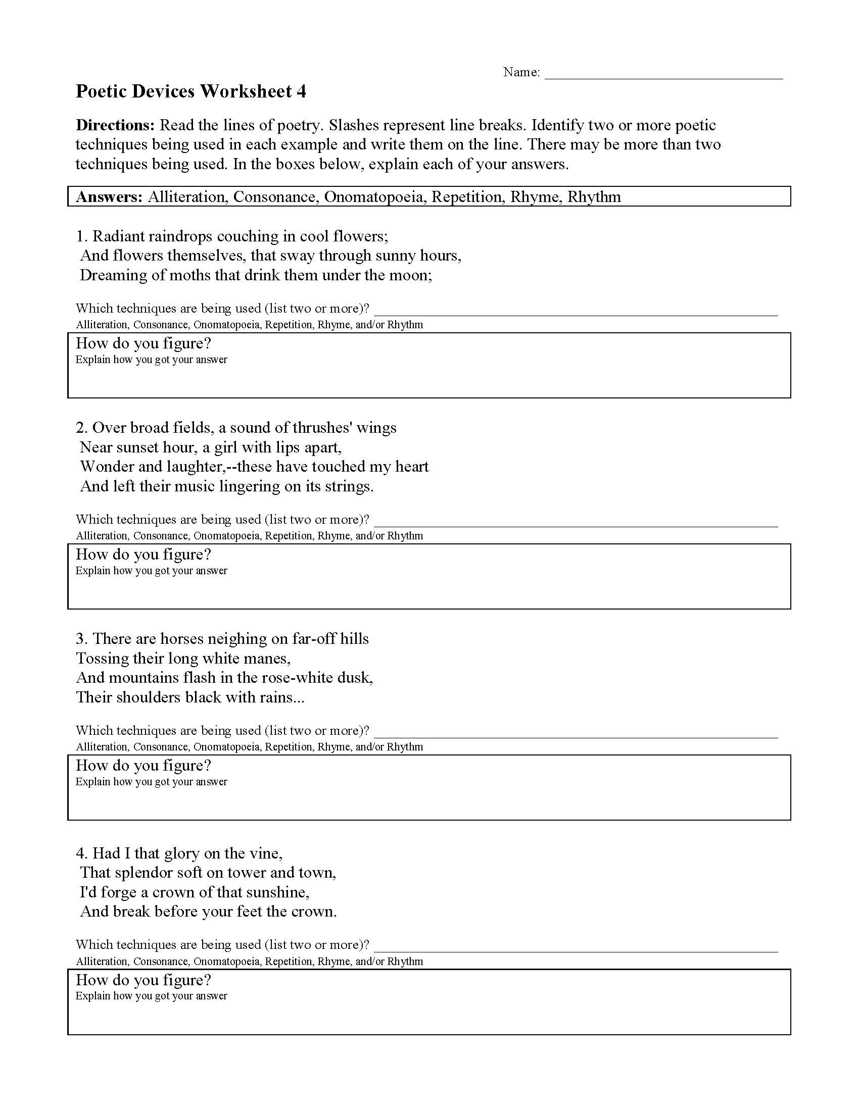 Poetic Devices Worksheet 4 | Reading Activity