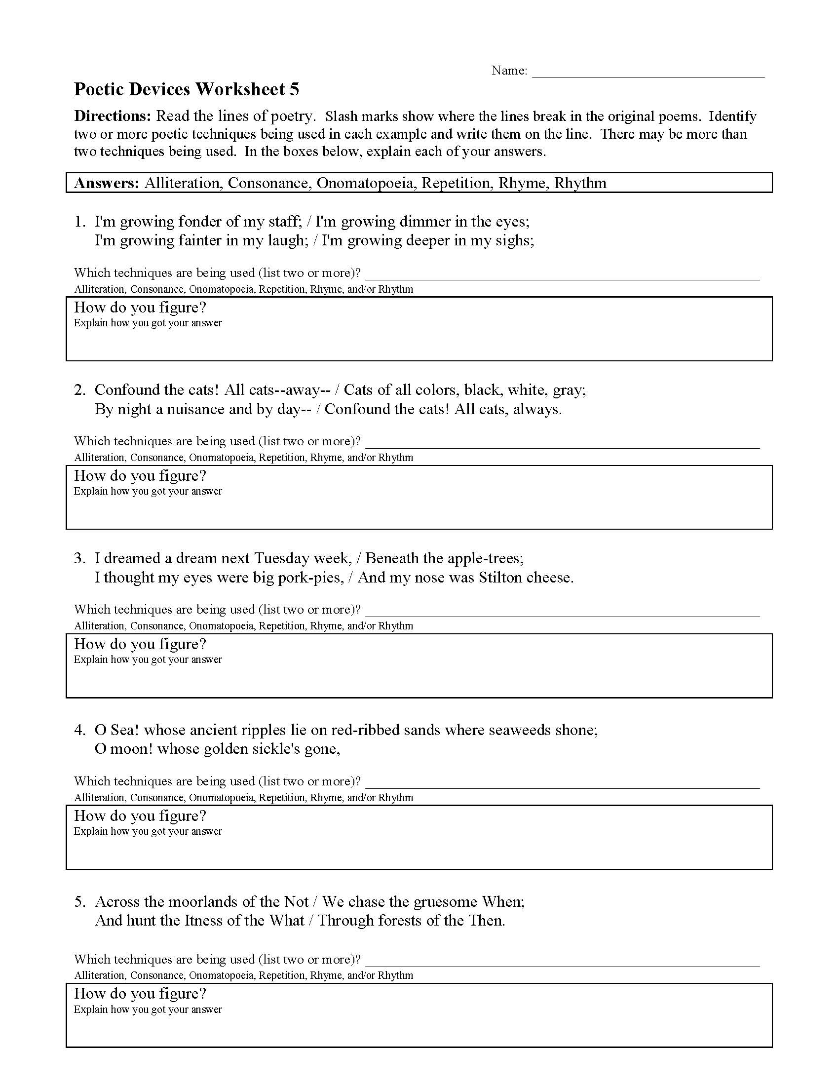 Poetic Devices Worksheet 20  Reading Activity Regarding Poetic Devices Worksheet 1