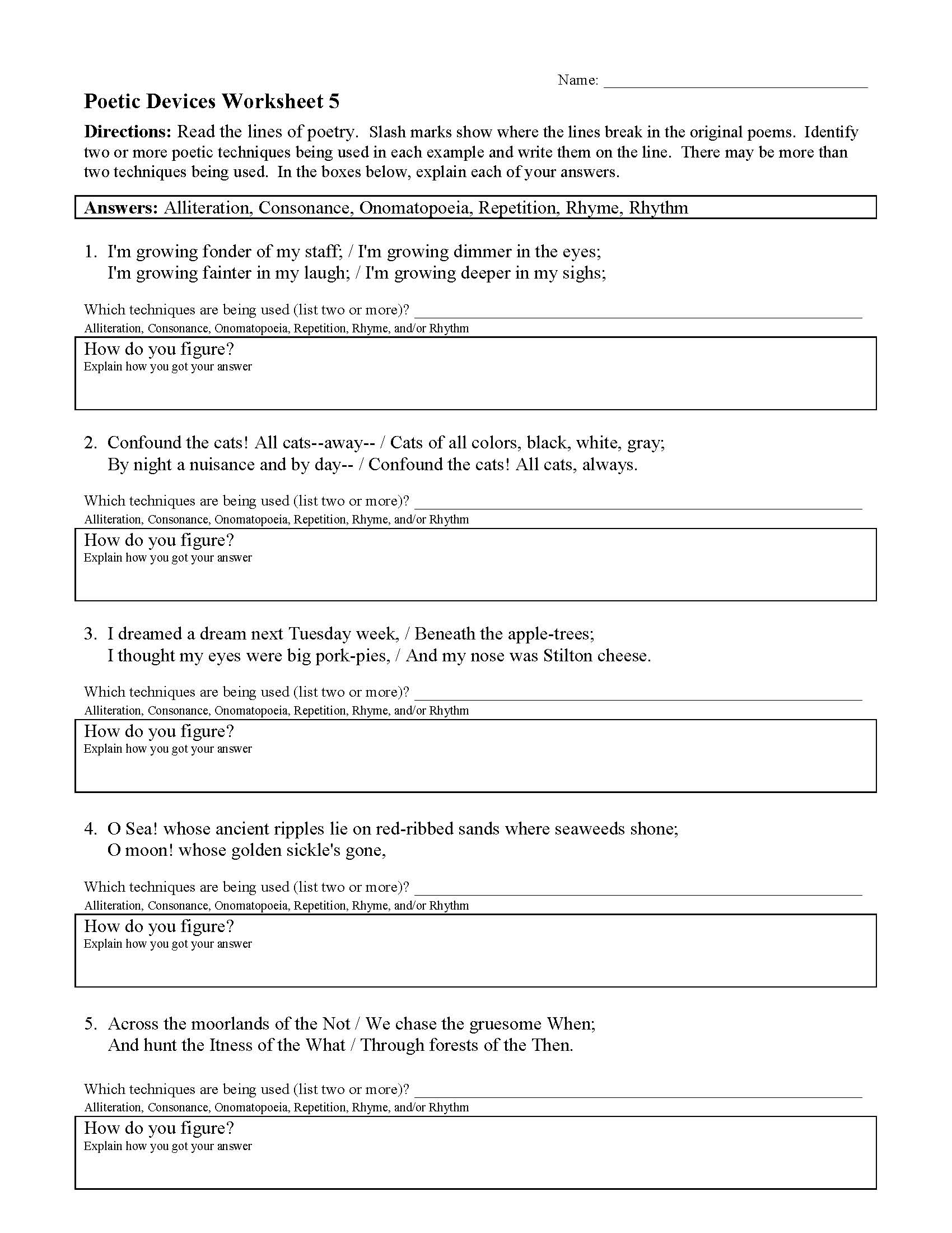 poetry reflection worksheet