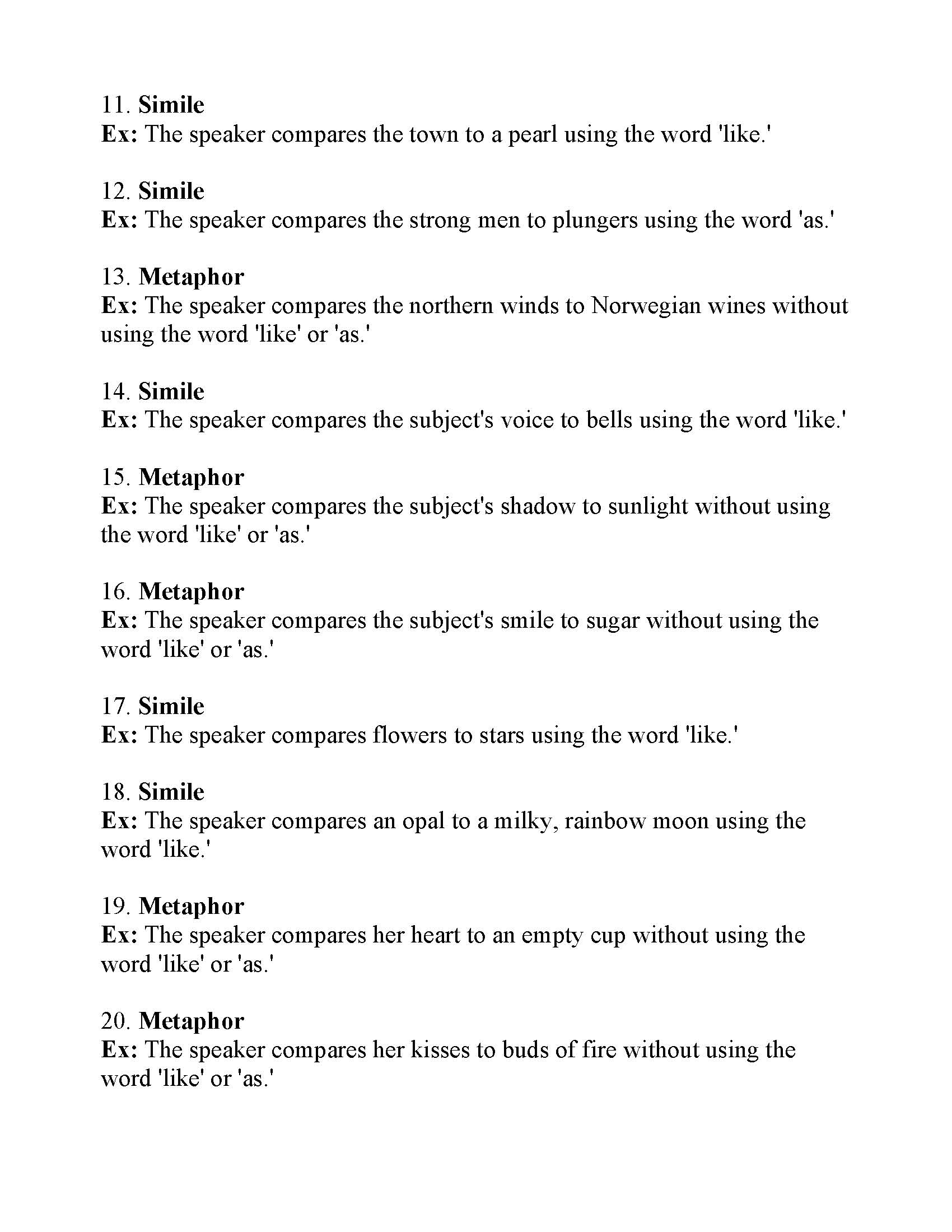Simile And Metaphor Worksheet 1 Answers