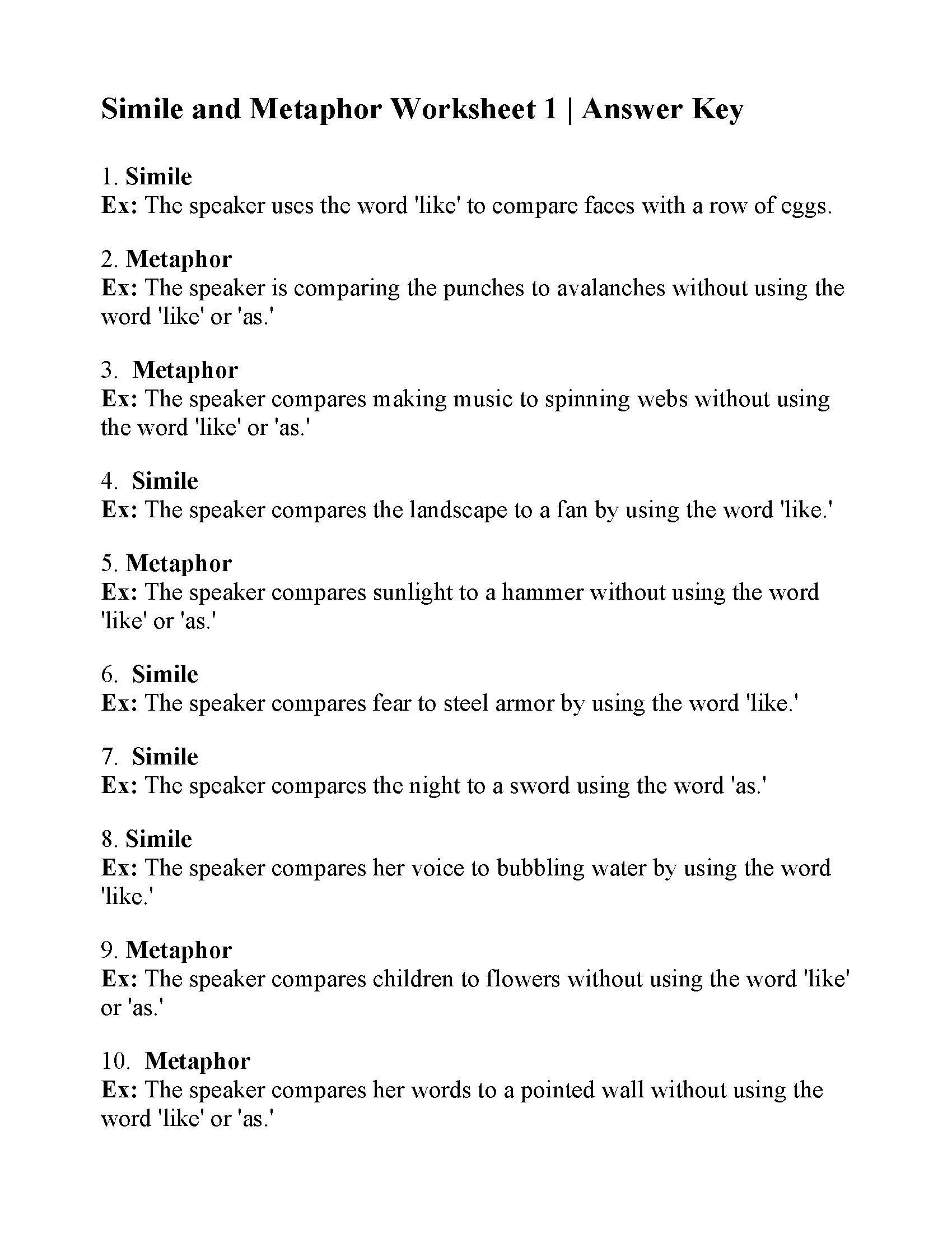 Simile And Metaphor Worksheet 1 Answer Key