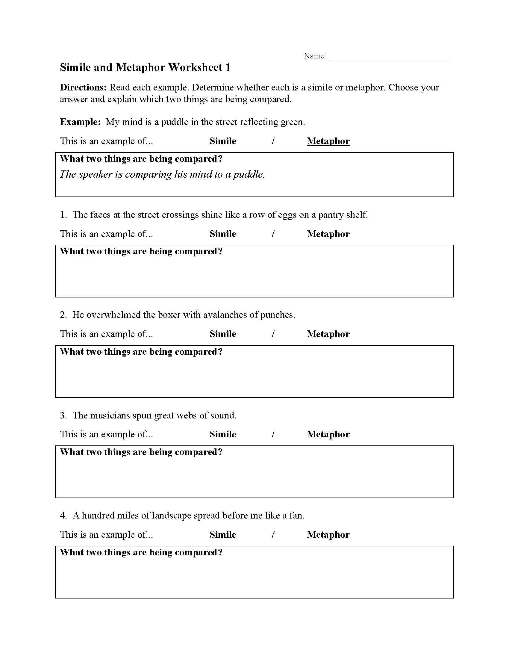 Simile and Metaphor Worksheets  Ereading Worksheets With Similes And Metaphors Worksheet