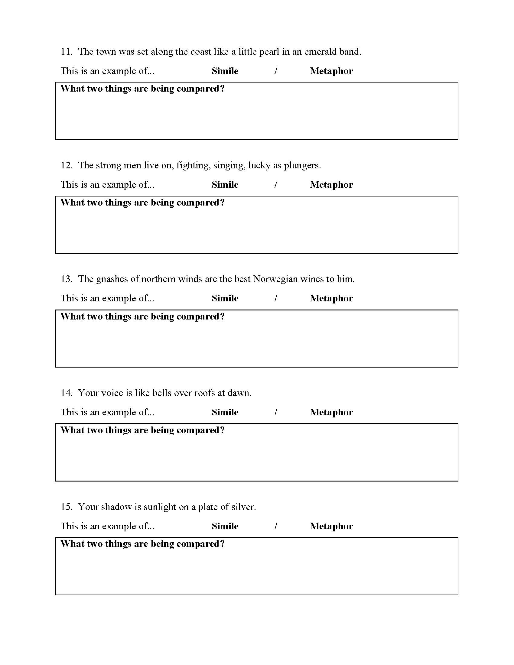 Similes And Metaphors Worksheets