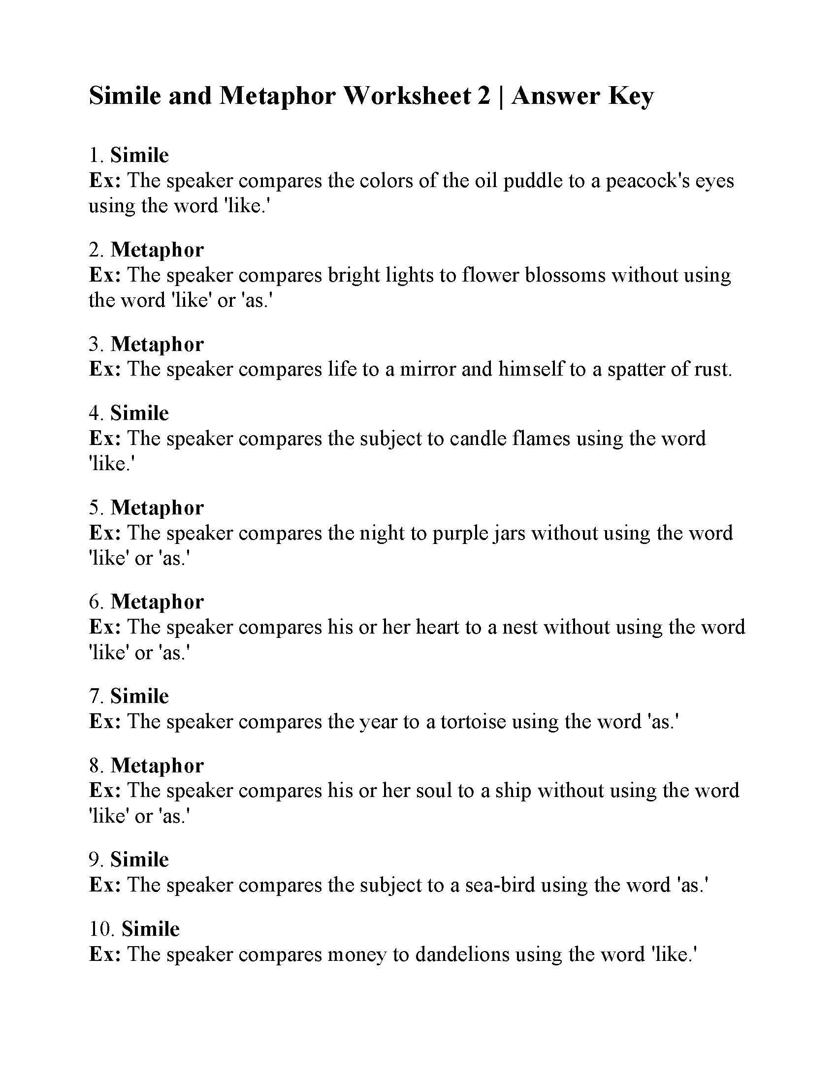 Simile and Metaphor Worksheet 11  Answers Throughout Figurative Language Worksheet 2 Answers