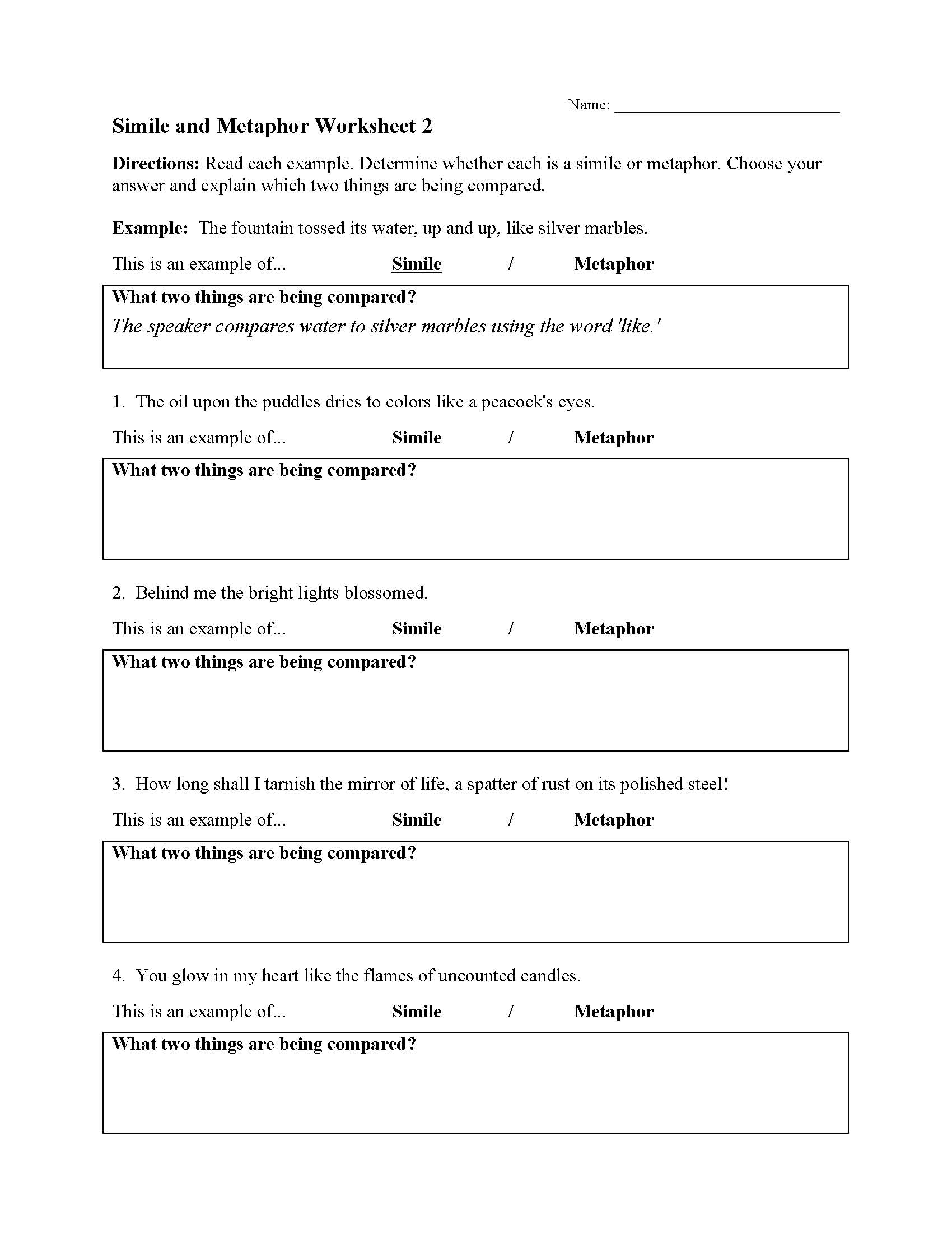 This is a preview image of Simile and Metaphor Worksheet 2. Click on it to enlarge it or view the source file.