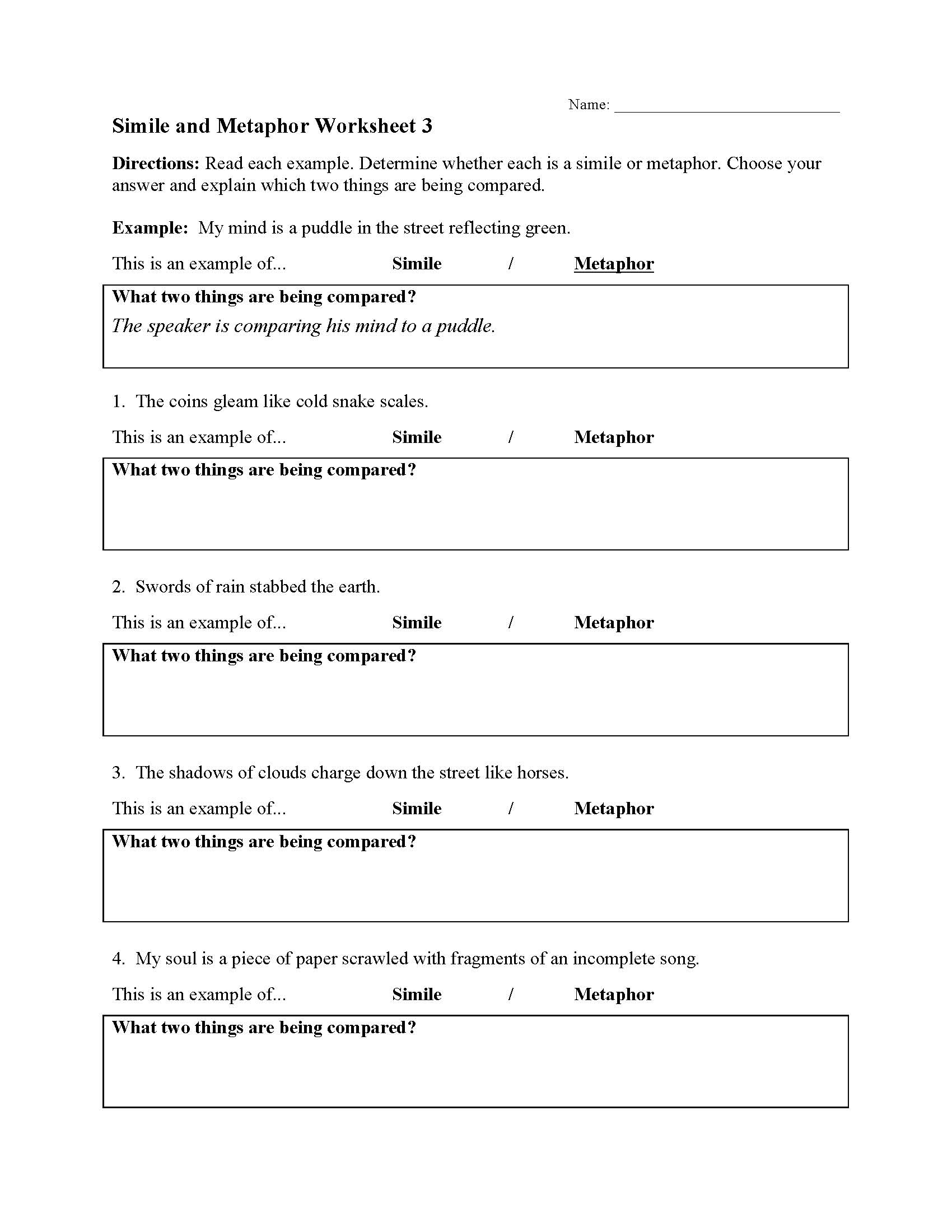 This is a preview image of Simile and Metaphor Worksheet 3. Click on it to enlarge it or view the source file.