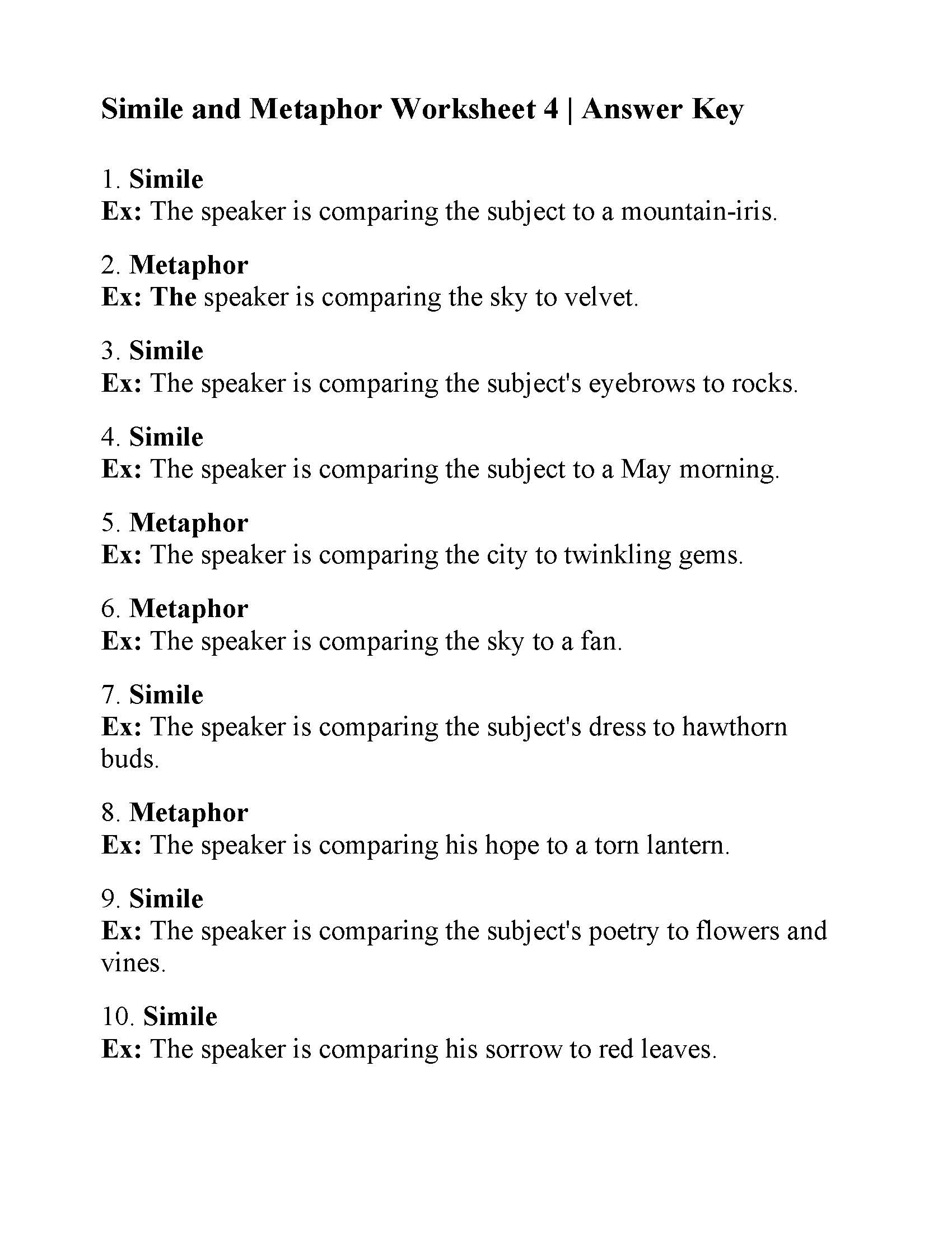 This is a preview image of Simile and Metaphor Worksheet 4. Click on it to enlarge it or view the source file.