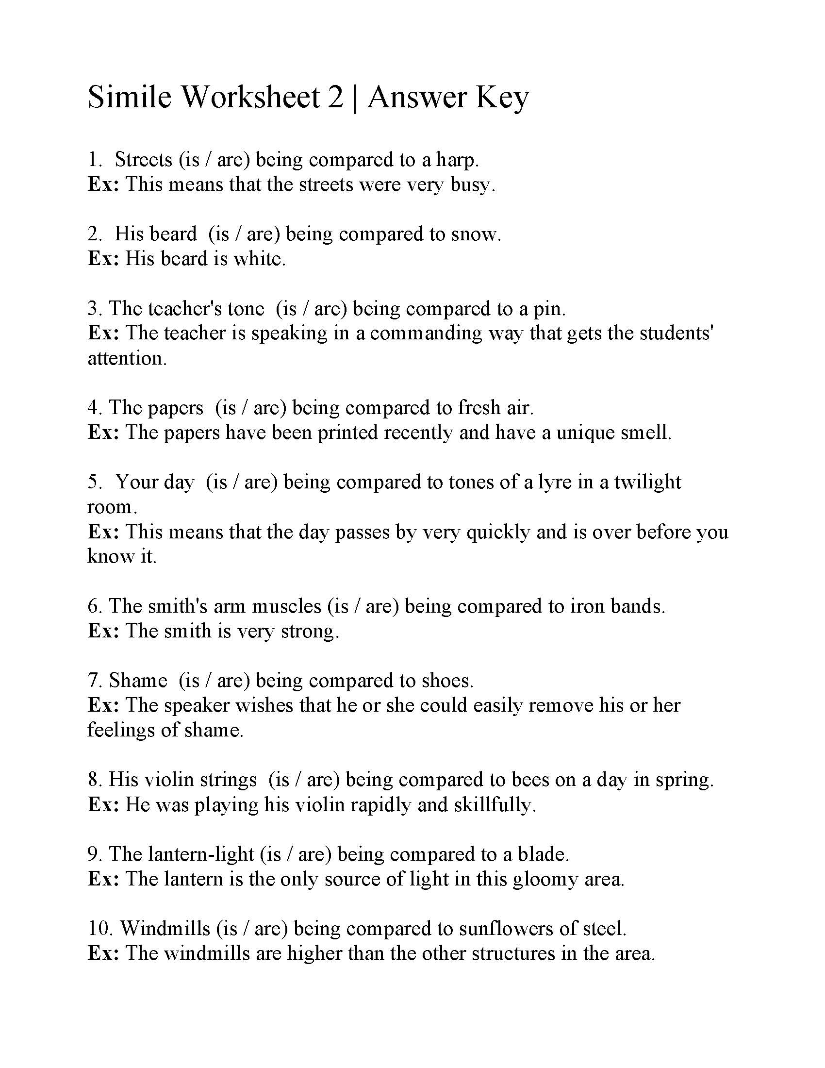 Figurative Language Worksheet 2 Answers