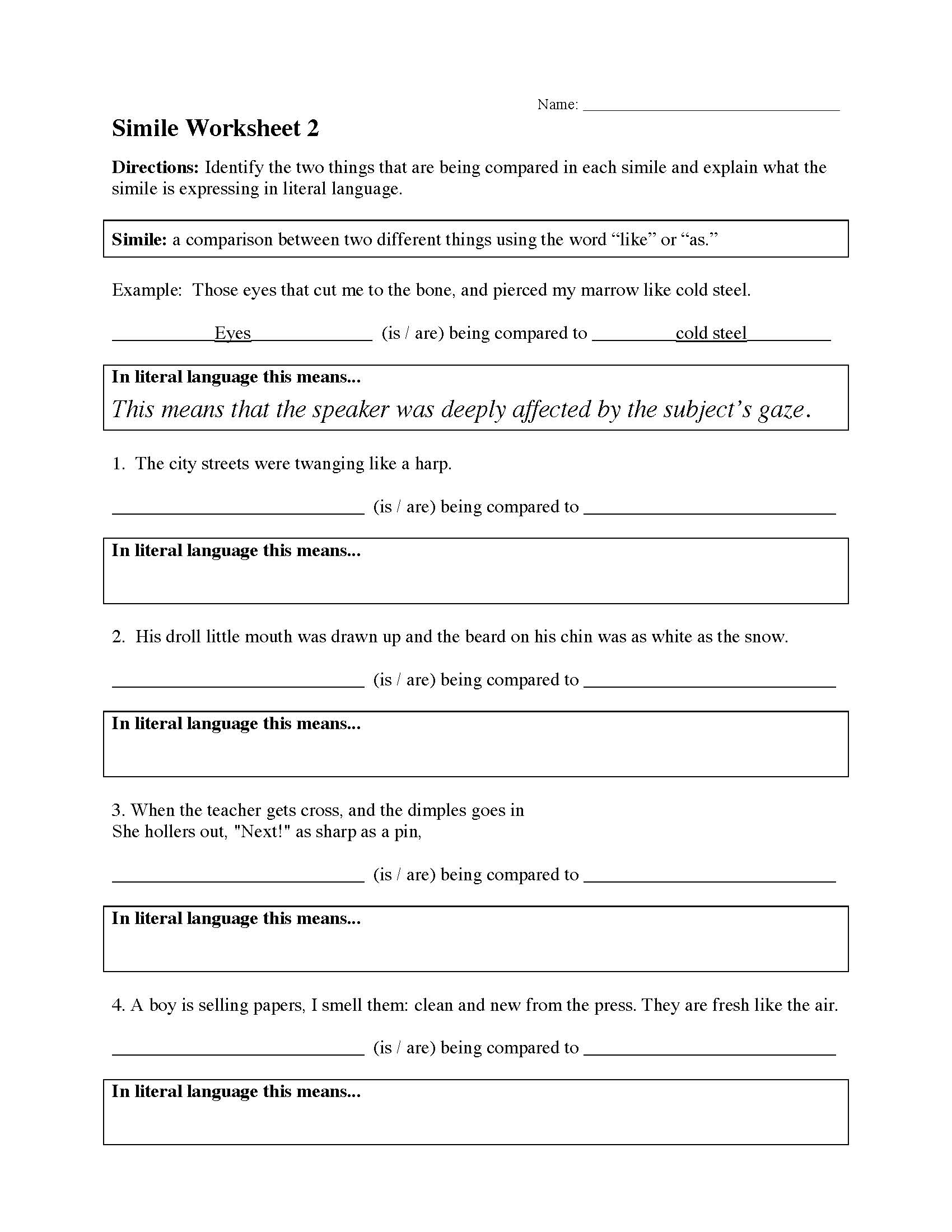 simile worksheets printable