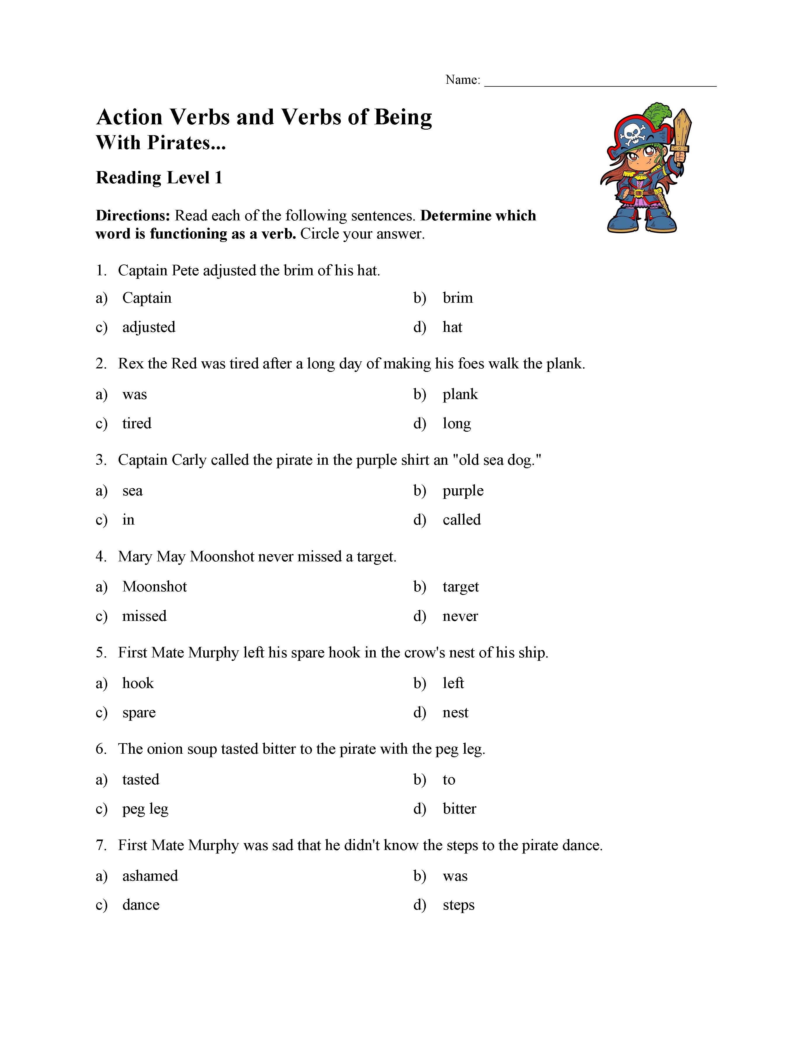 This is a preview image of the Action Verbs and Verbs of Being Test 1 | Reading Level 1.