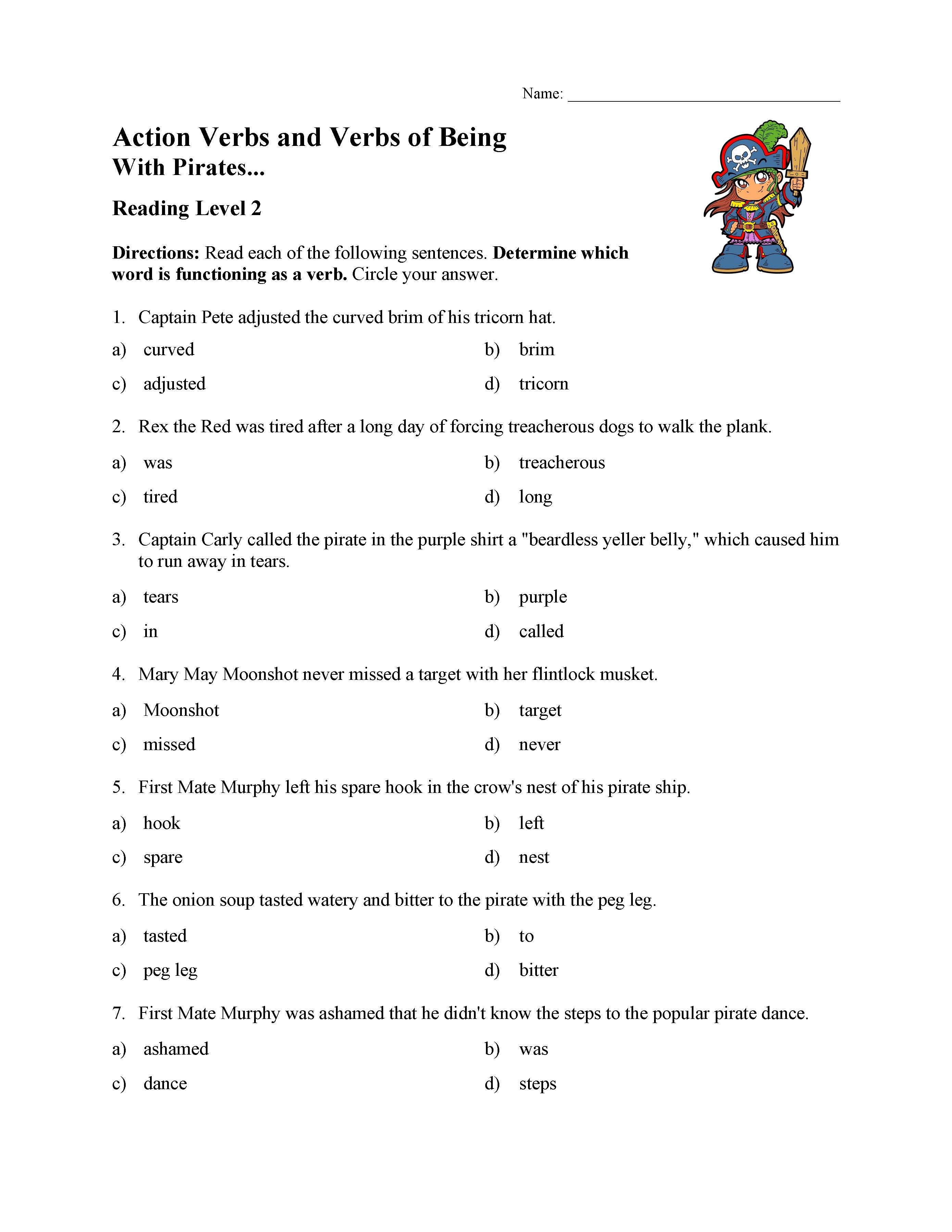 This is a preview image of the Action Verbs and Verbs of Being Test 1 | Reading Level 2.