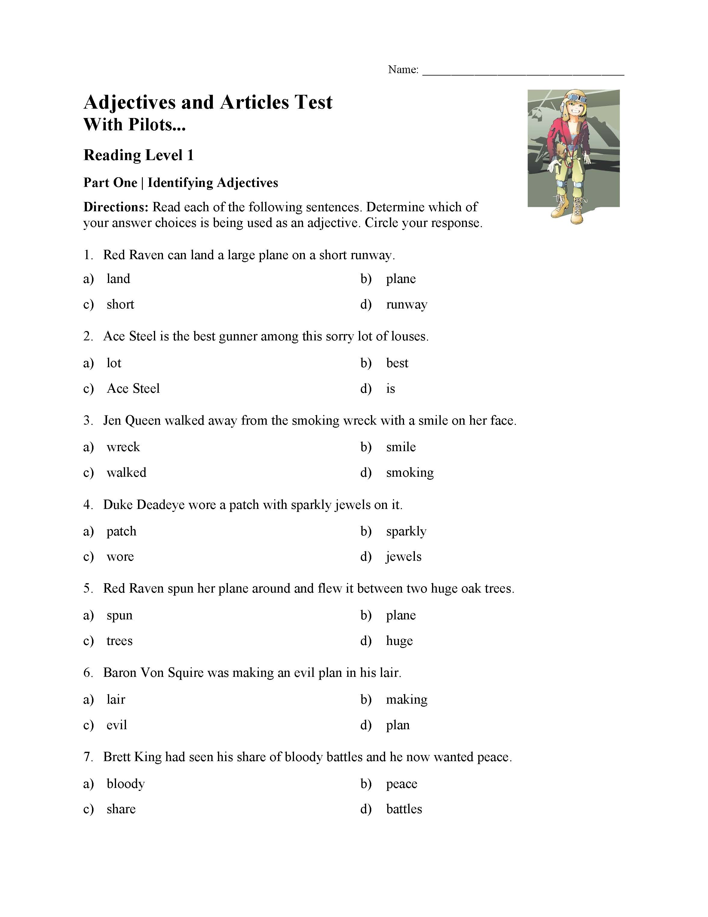 Adjectives And Articles Test With Pilots Reading Level 1 Preview