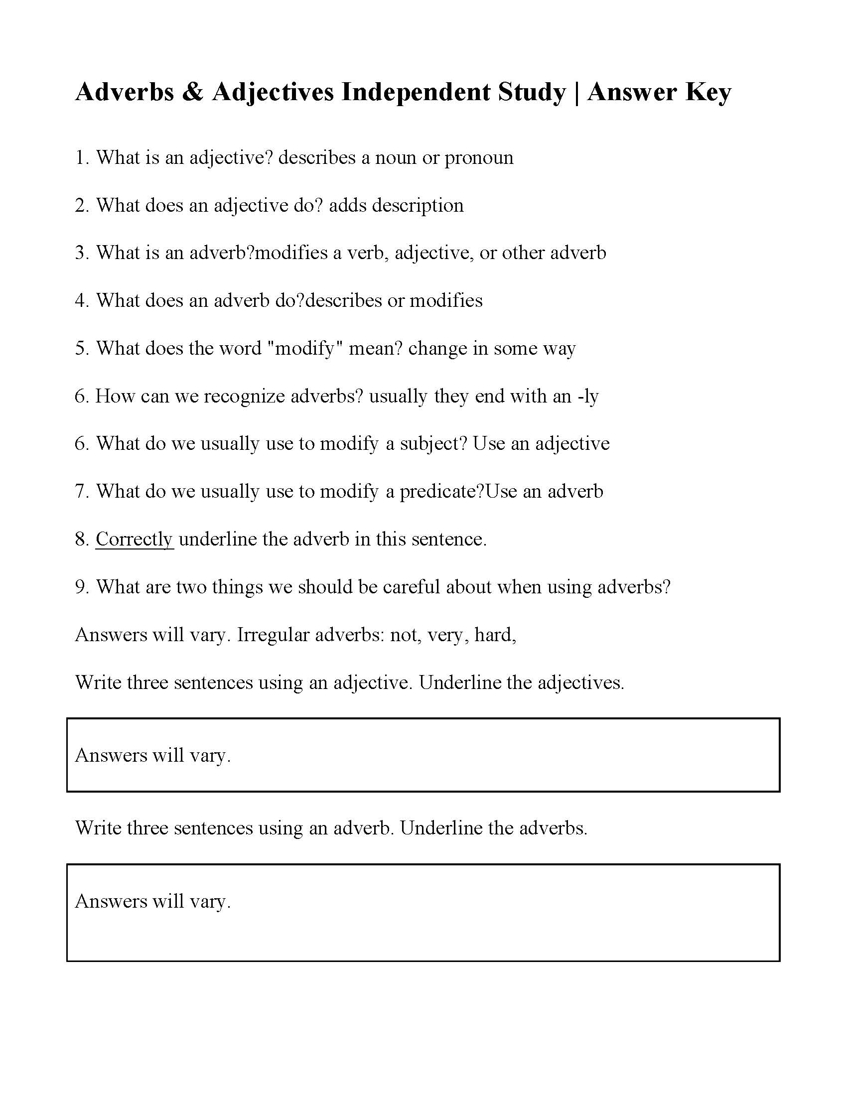 adjectives worksheets and answers