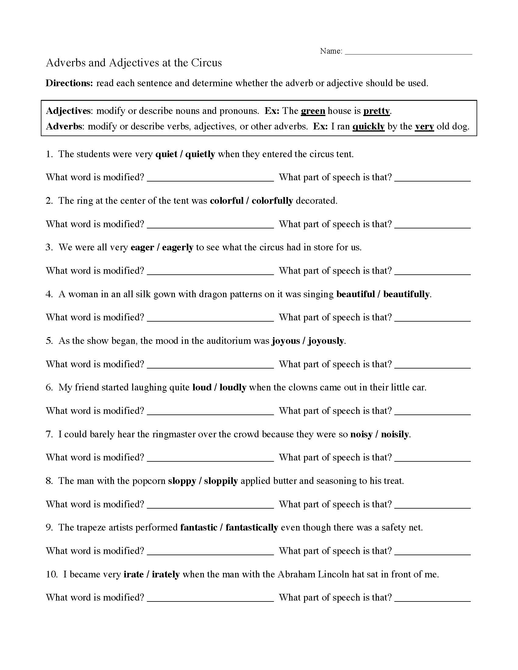 Verbs Adverbs And Adjectives Worksheet