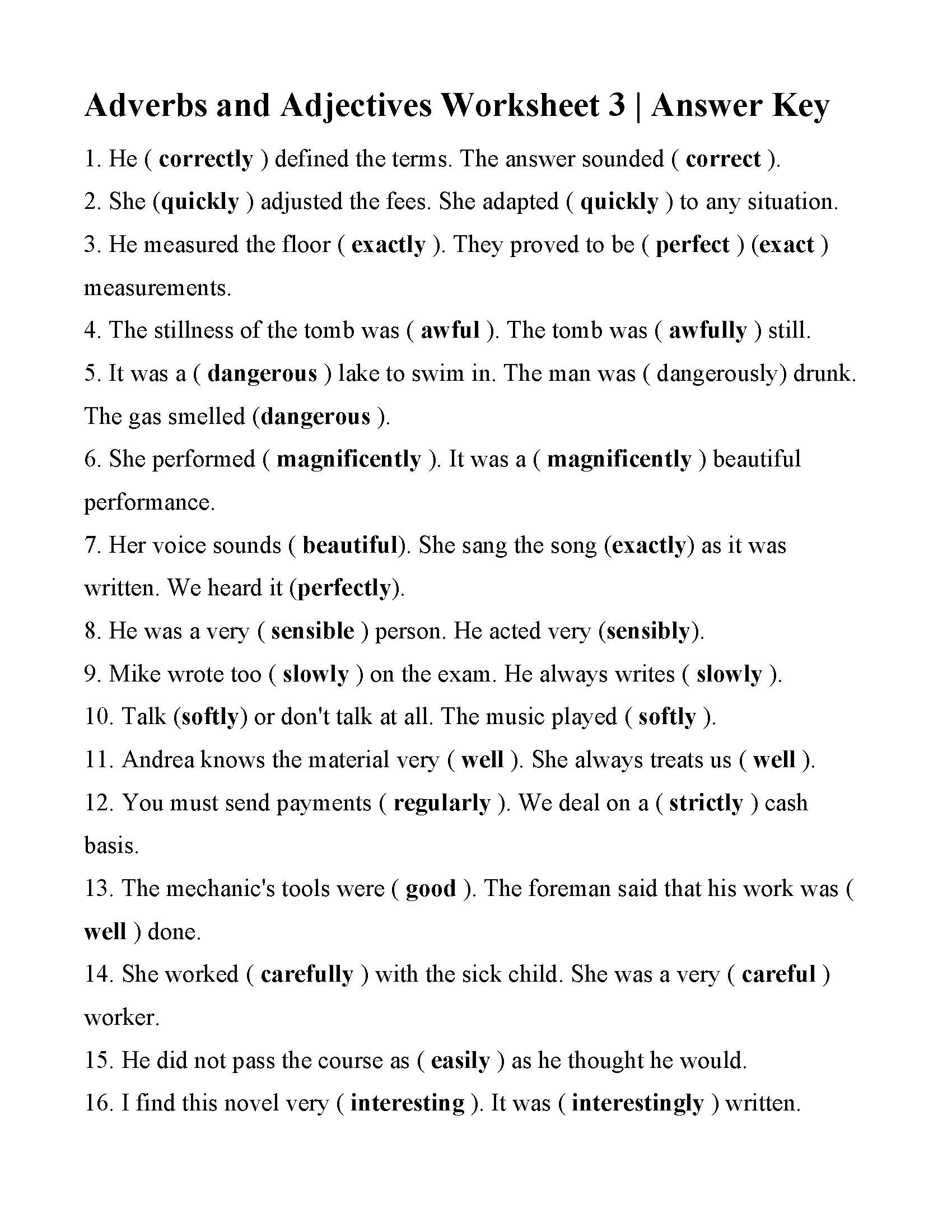 Adverbs and Adjectives Worksheet 3 | Answers