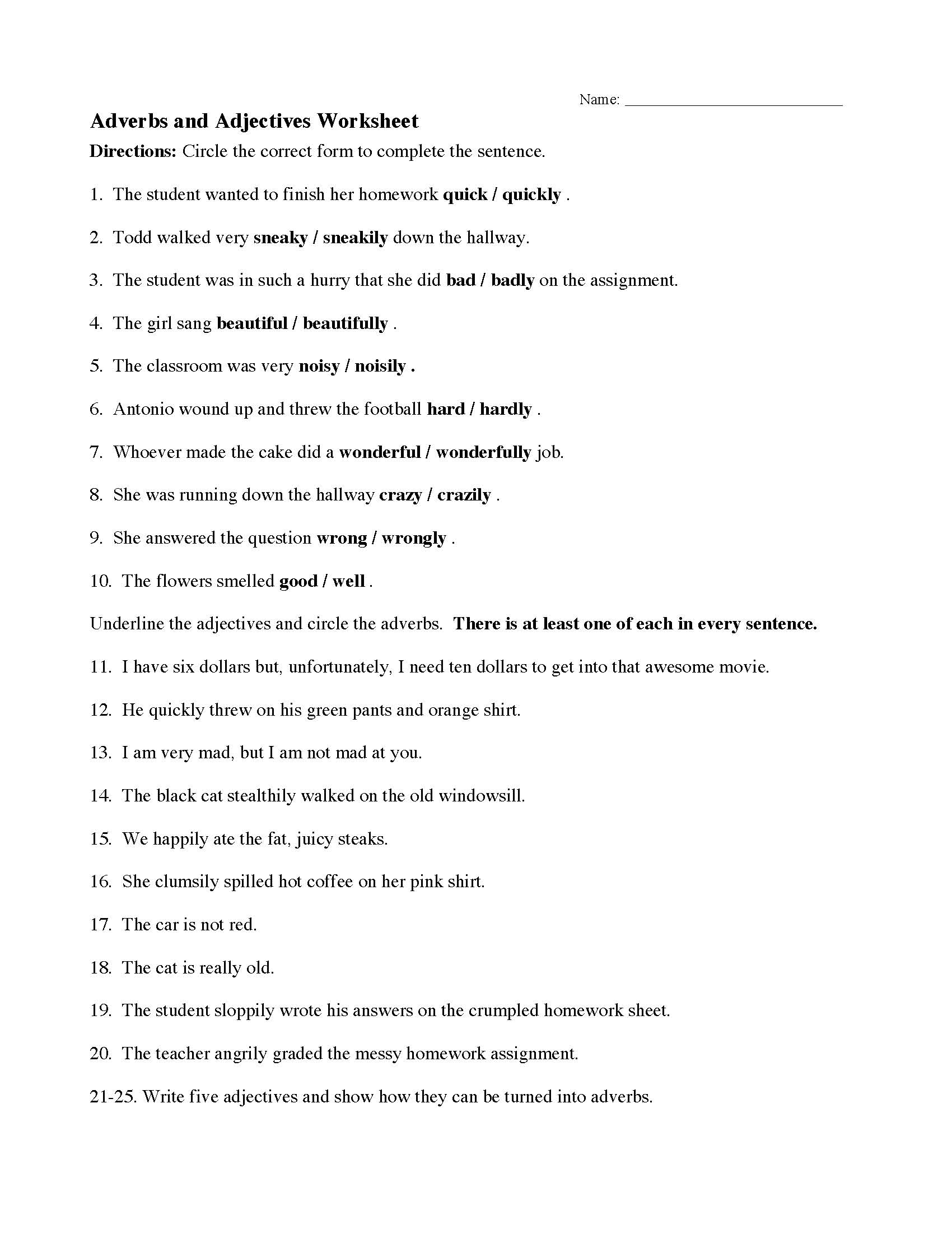 This is a preview image of the Adverbs and Adjectives Worksheet.