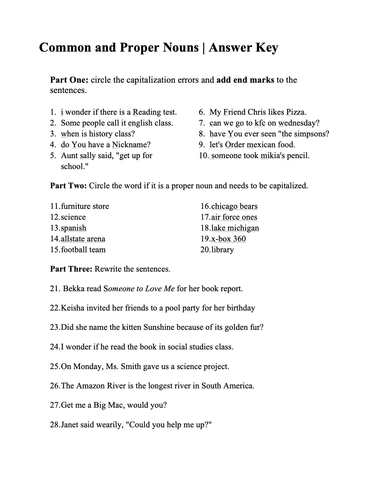 Capitalization Practice Worksheet Answers