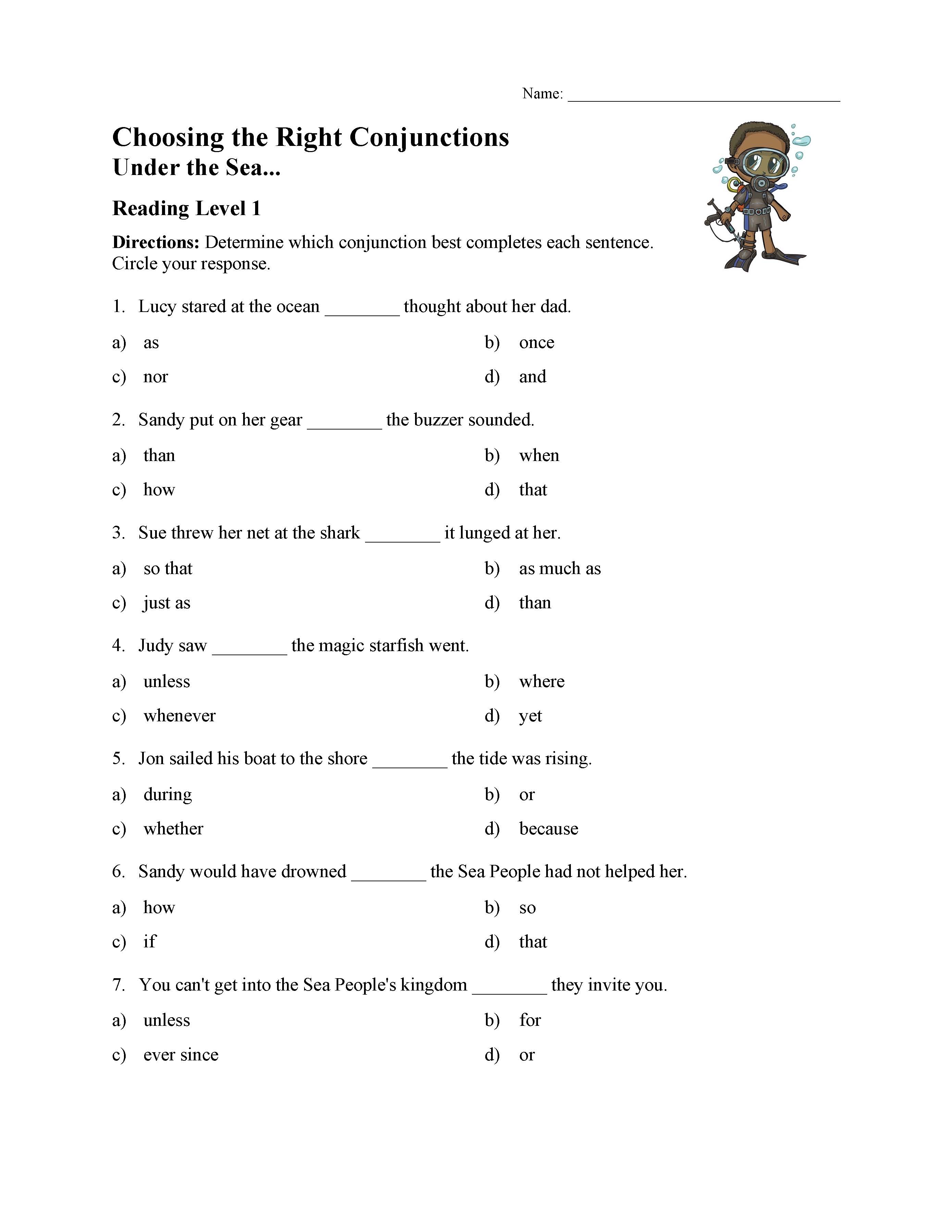This is a preview image of the Choosing the Right Conjunction Worksheet - Reading Level 1.
