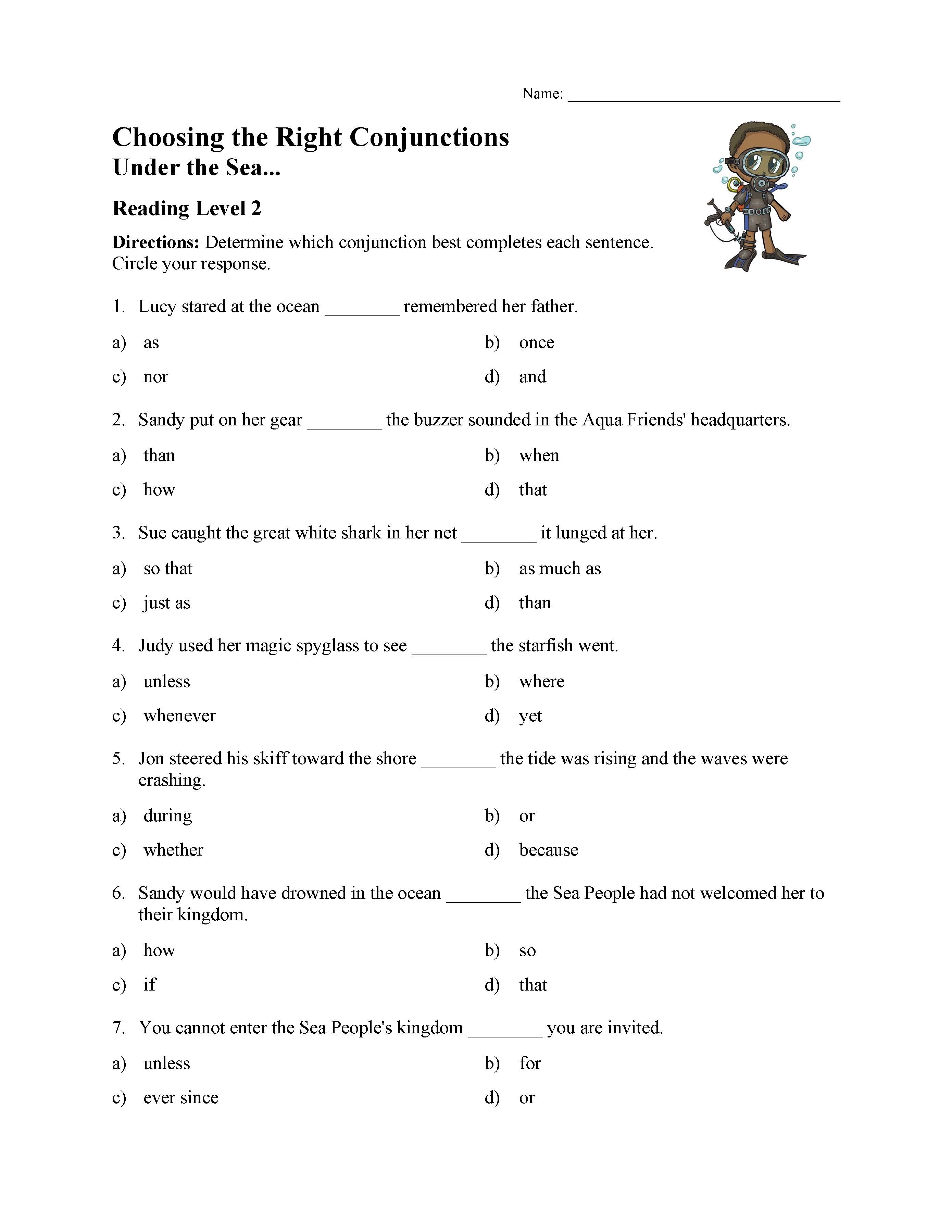 This is a preview image of the Choosing the Right Conjunction Worksheet - Reading Level 2.