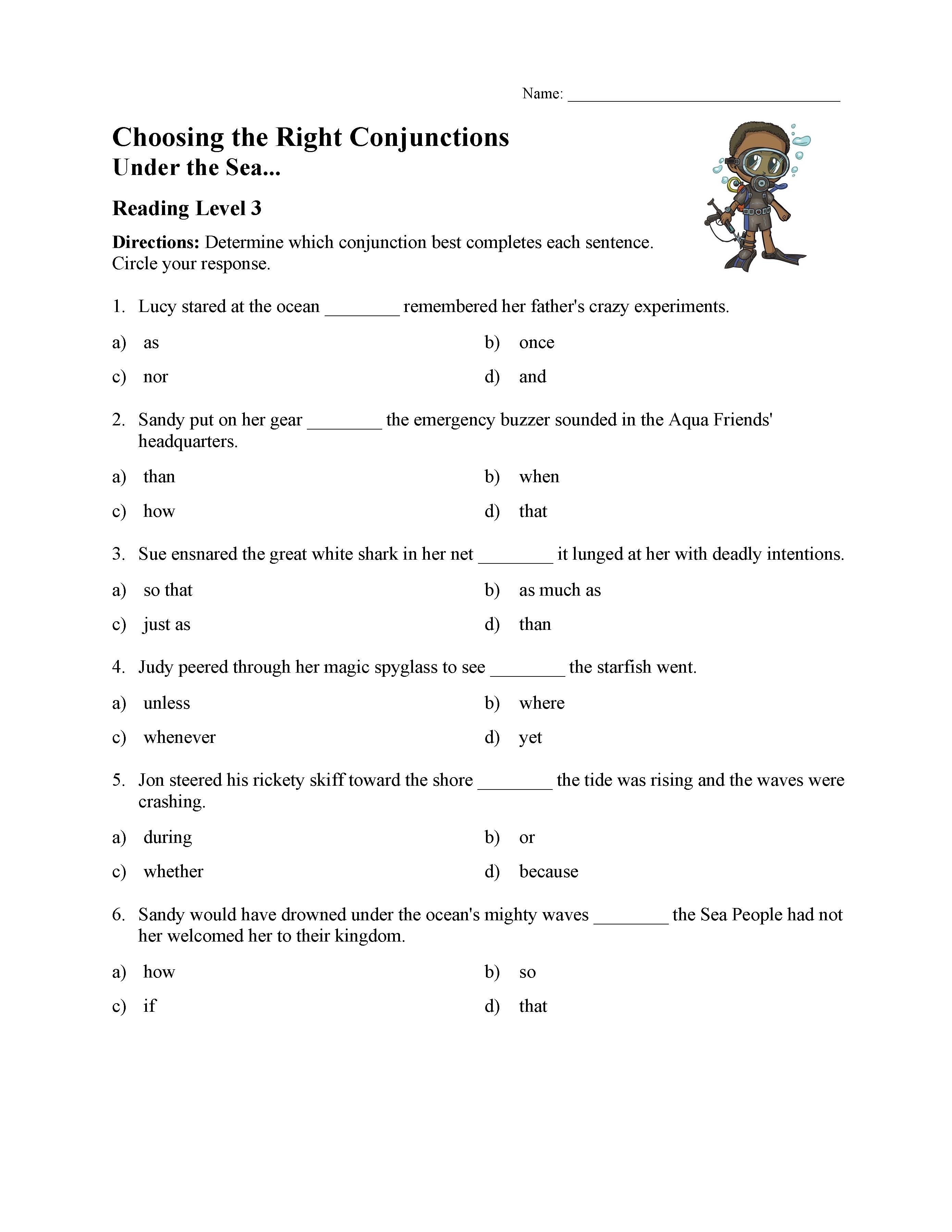 This is a preview image of the Choosing the Right Conjunction Worksheet - Reading Level 3.