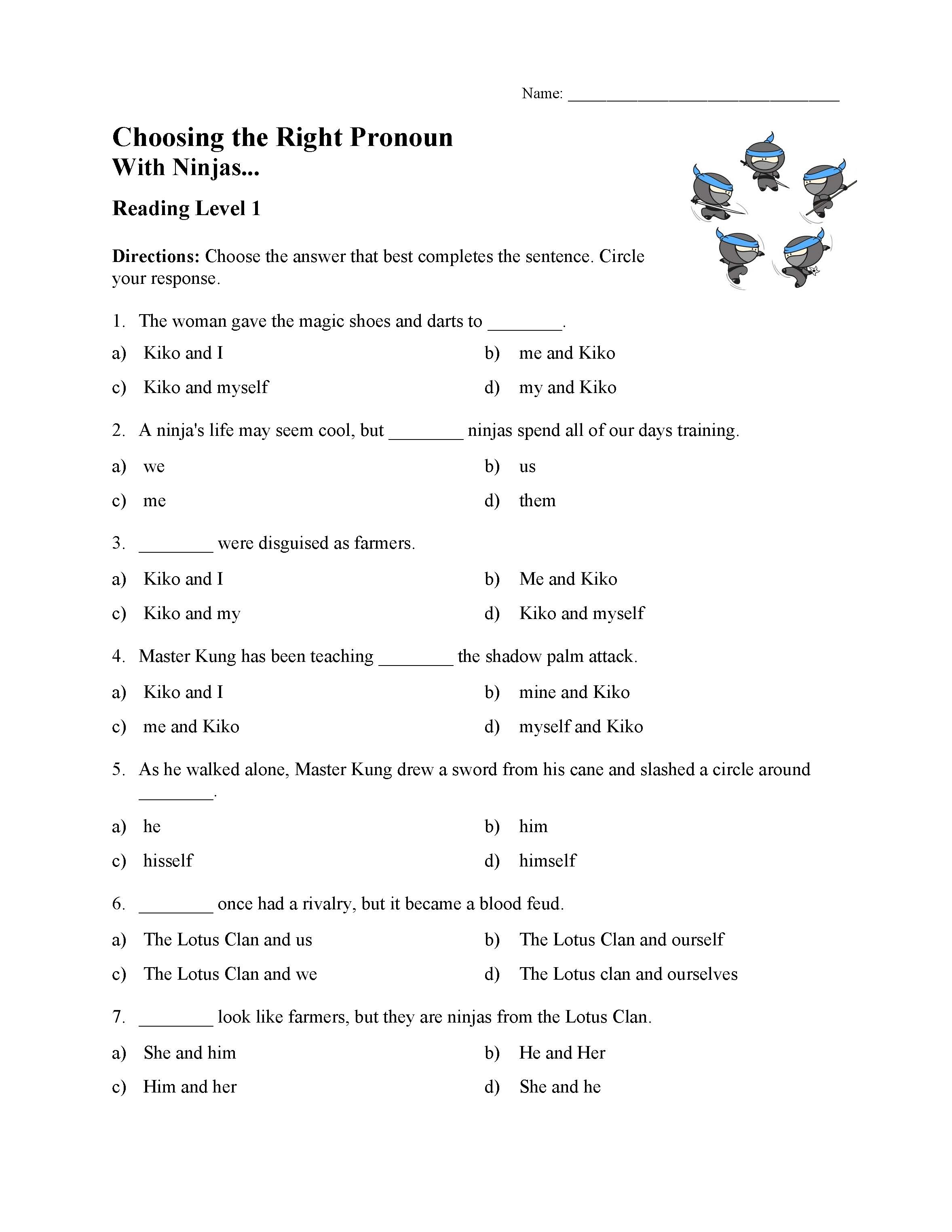This is a preview image of the Choosing the Correct Pronoun Test with Ninjas - Reading Level 1.