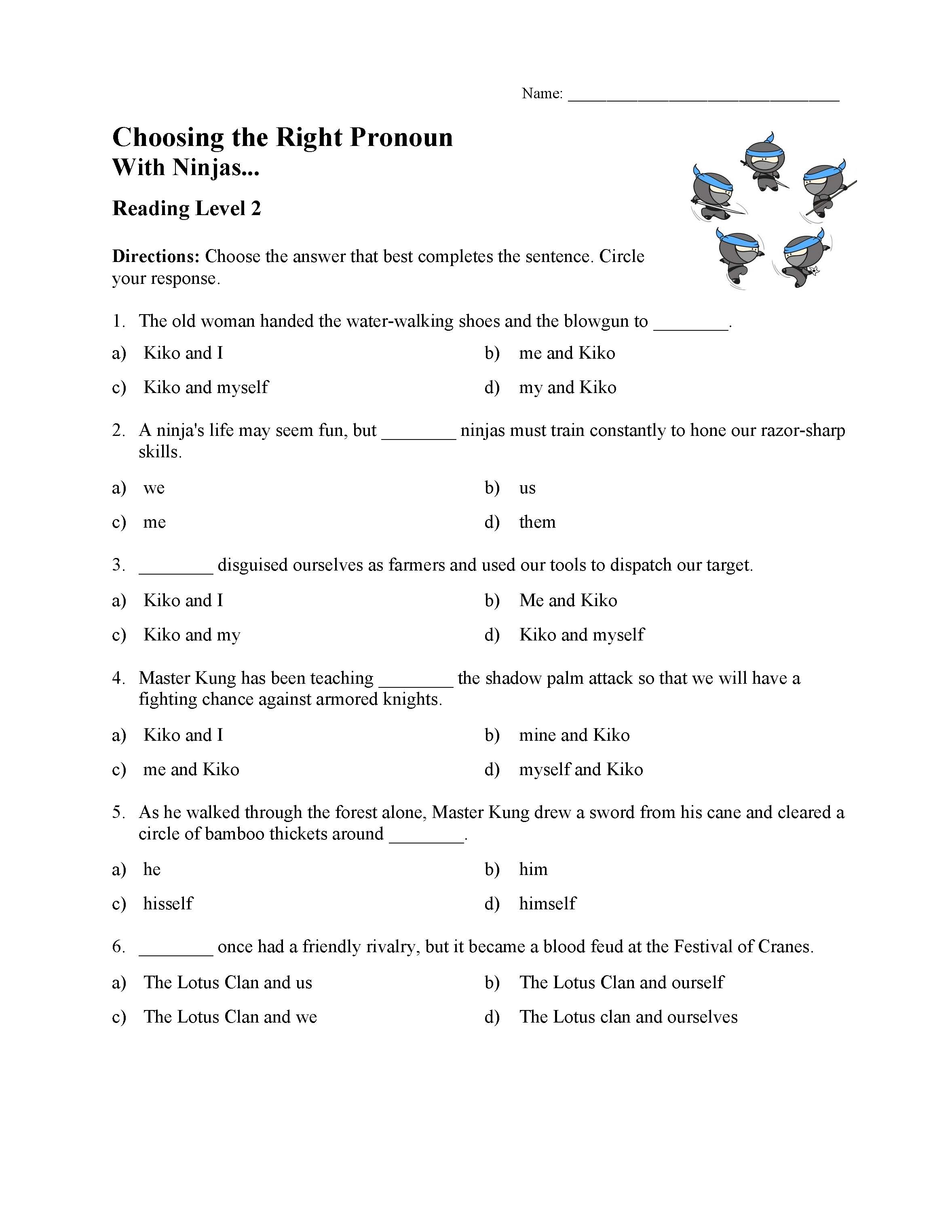 This is a preview image of the Choosing the Correct Pronoun Test with Ninjas - Reading Level 2.