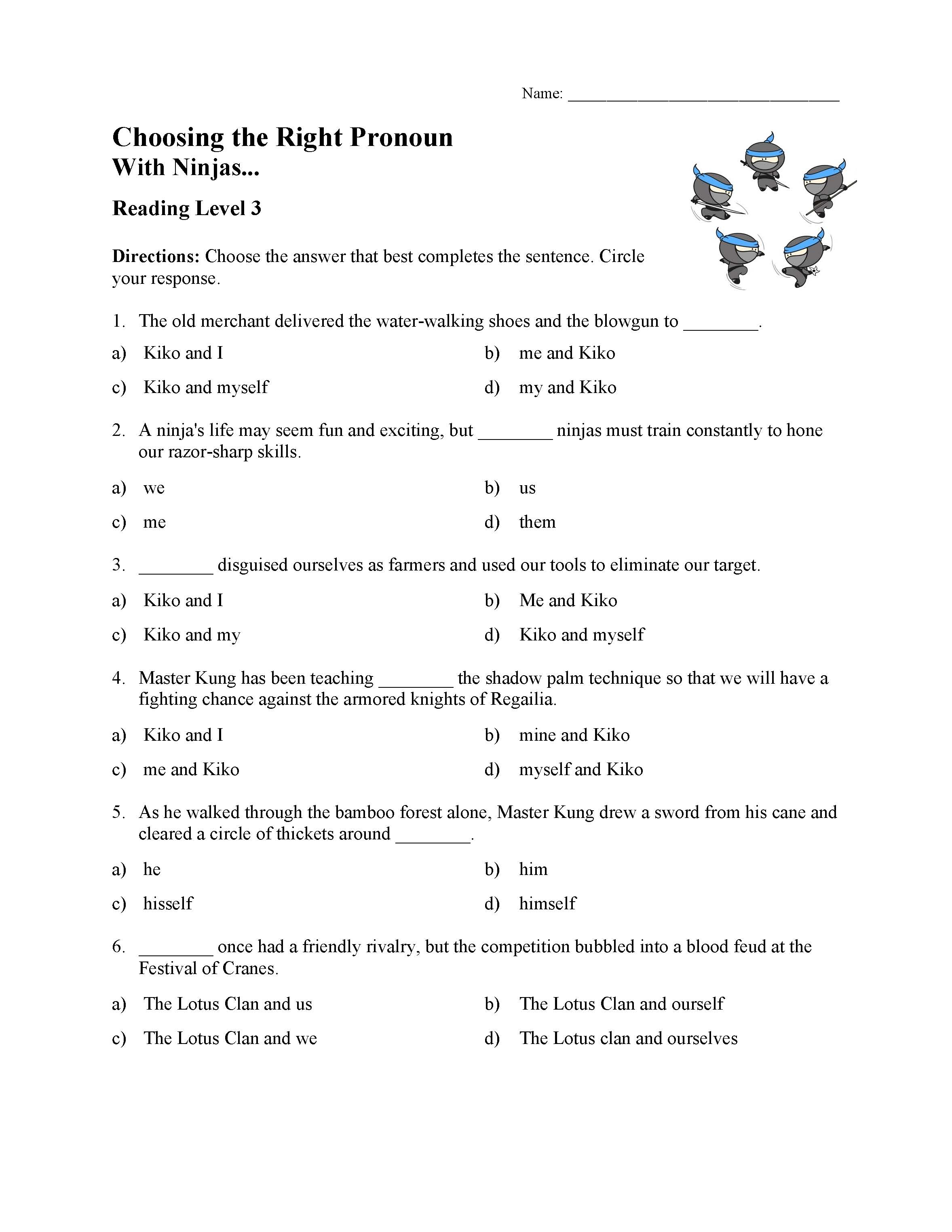 This is a preview image of the Choosing the Correct Pronoun Test with Ninjas - Reading Level 3.