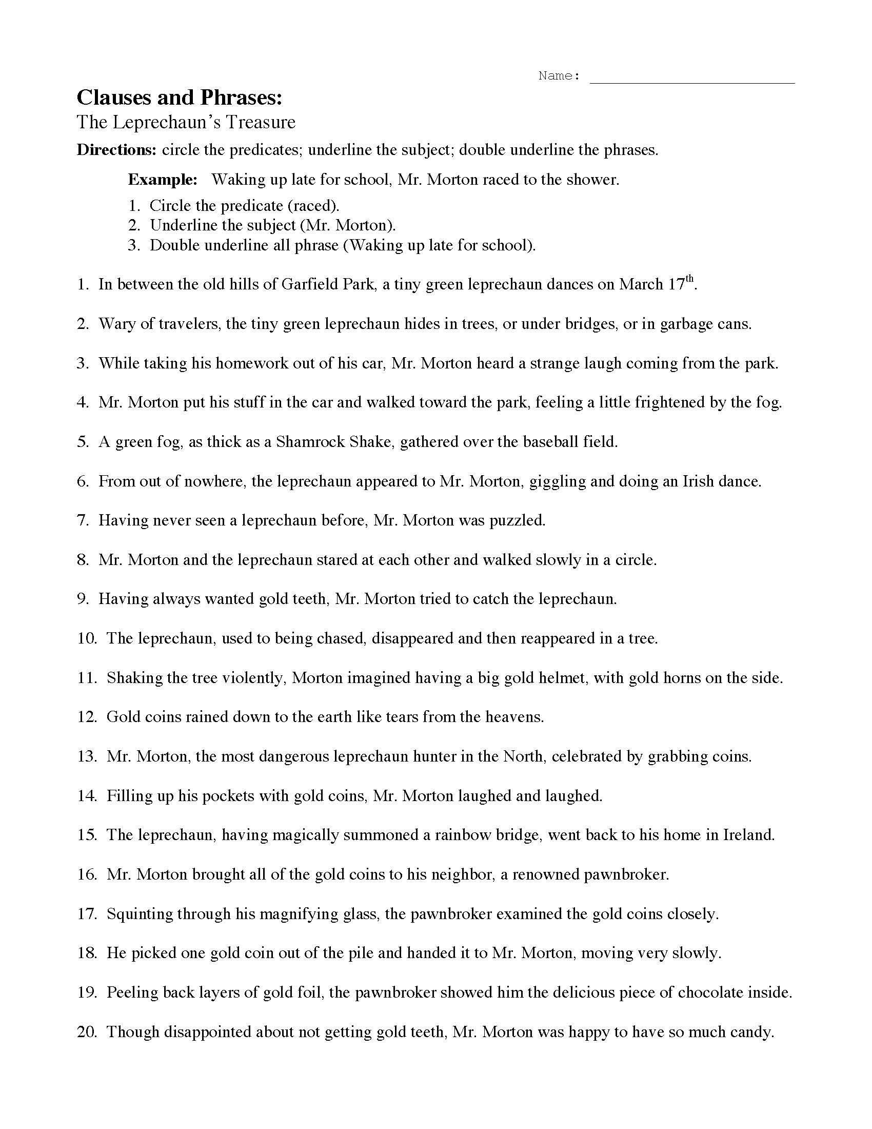 This is a preview image of Clauses and Phrases with Leprechauns Worksheet. Click on it to enlarge it or view the source file.
